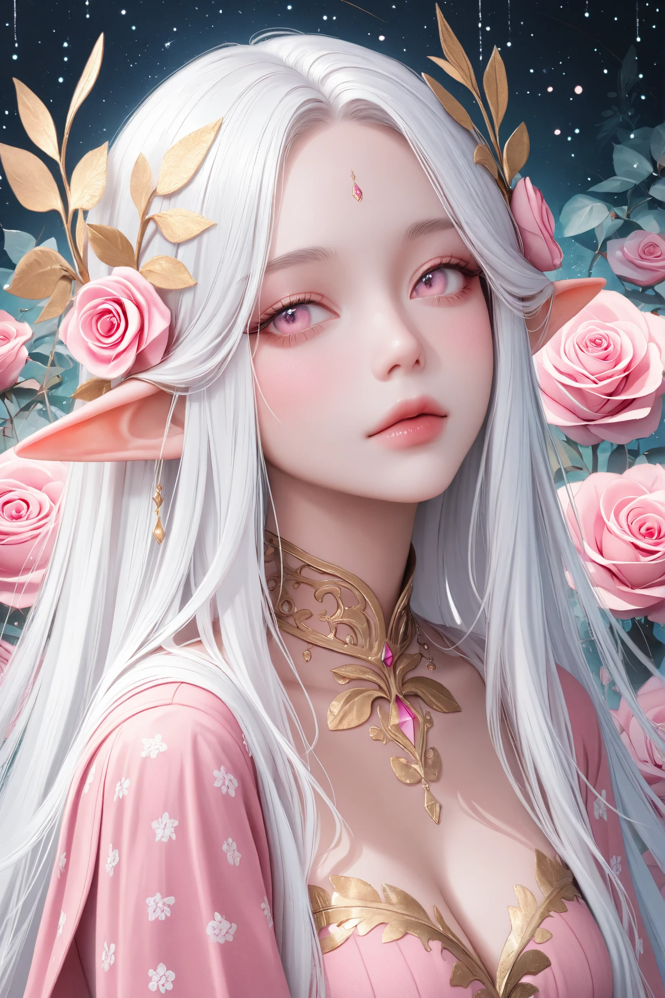 A digital painting of a light-skinned, ethereal elf girl with long, flowing, white hair, wearing a delicate pink and rose-gold adornment in her hair and around her neck. Focus on soft, pastel, and muted colors with a light, whimsical style and detailed, realistic facial features, emphasizing soft highlights on the skin and hair and intricate, delicate patterns, masterpiece, best quality,absurdres