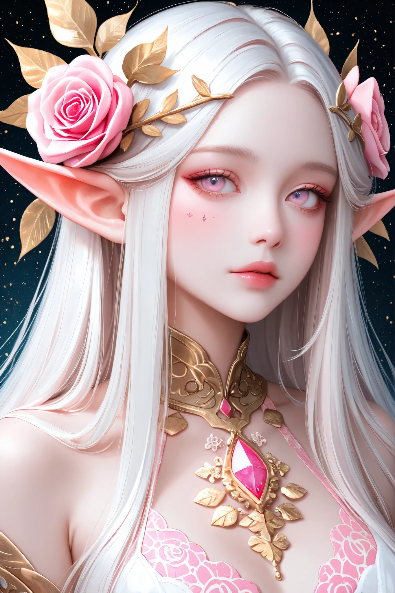 A digital painting of a light-skinned, ethereal elf girl with long, flowing, white hair, wearing a delicate pink and rose-gold adornment in her hair and around her neck. Focus on soft, pastel, and muted colors with a light, whimsical style and detailed, realistic facial features, emphasizing soft highlights on the skin and hair and intricate, delicate patterns, masterpiece, best quality,absurdres