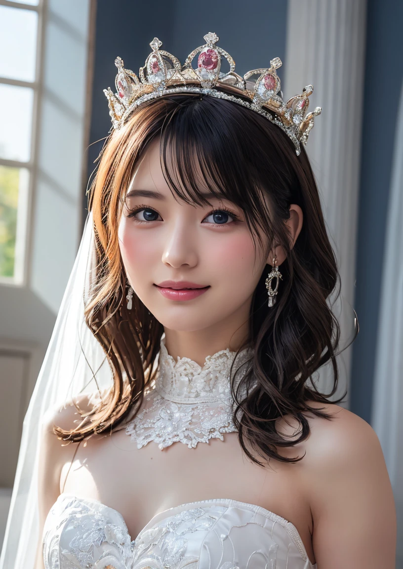 (Highest quality、Tabletop、8k、Best image quality、Award-winning works)、Beautiful Bride、(alone:1.1)、(The most extravagant and gorgeous huge pure white wedding dress:1.2)、(Perfect Wedding Lace:1.2)、(The most gorgeous and luxurious giant tiara:1.3)、(The most extravagant and luxurious giant necklace:1.3)、The finest jewellery decoration、Perfect Makeup、Long eyelashes、Ultra HD Shining Eyes、Ultra HD Hair、Ultra High Resolution Glossy Lips、Beautiful face in ultra-high definition、(Accurate anatomy:1.1)、Very bright and beautiful skin、very bright and vivid、Perfect beautiful bridal hairstyles、(Front facing body:1.1)、(The most refreshing and beautiful forest background:1.1)、(Small breasts:1.1)、(Small breastsの谷間:1.1)、(Perfect beautiful bridal photos:1.1)、(Expressionless:1.1)、(Face close-up:1.1)