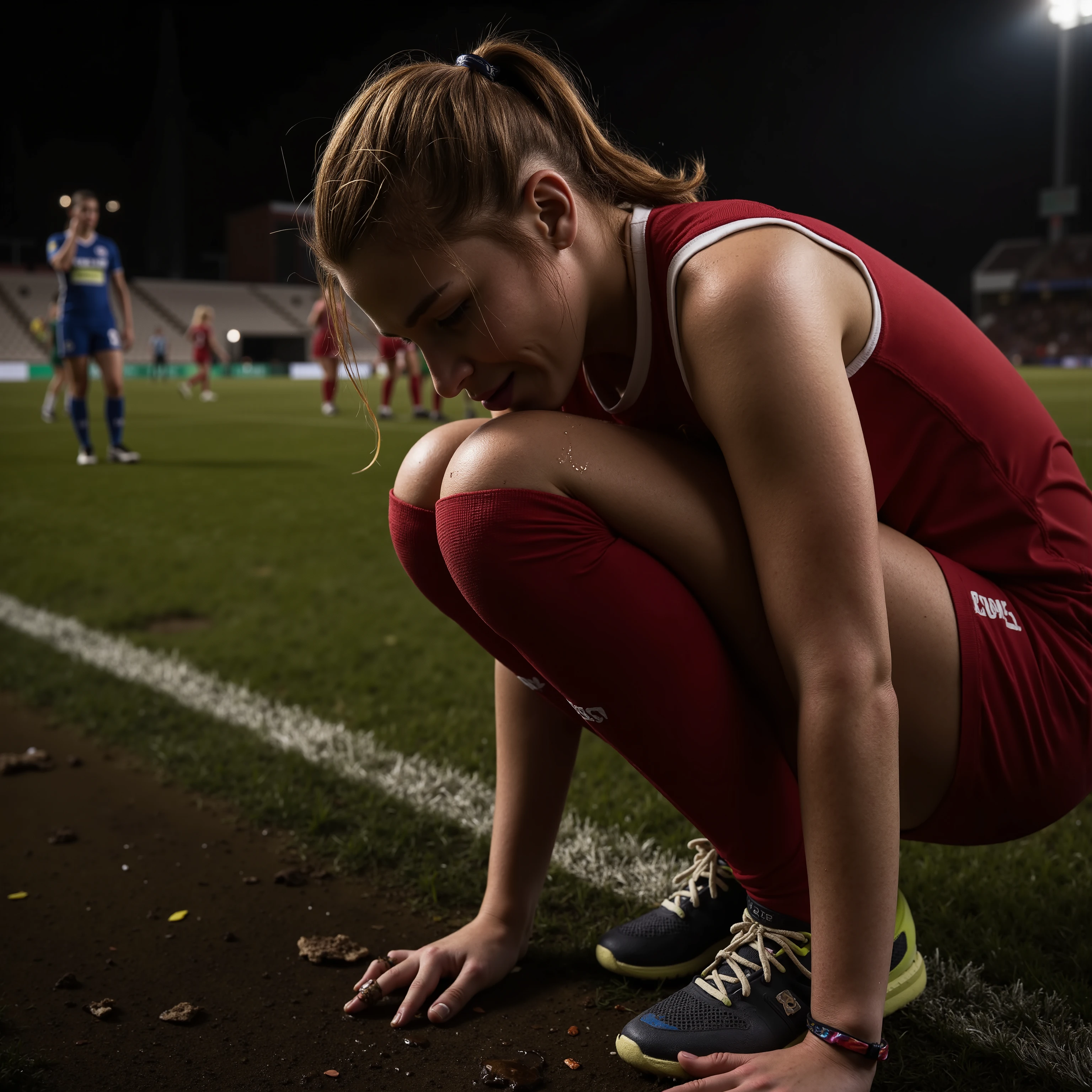 🌟 high resolution, emotional & realistic — in the style of an award-winning sports photo with intensive close-up perspective and dramatic lighting.
🔥 Emotionen:
Ihre Augen: Geschwollen, Looking at the lawn — sees the exact point, where the decisive bad pass took place.
Mund: Visible lip trembling, Zahnspange blitzt (Makes her younger, verletzlicher).
Detail: Eine Mitspielerin (unscharf) she tries to pull up, but her fingers slip off the shirt.
🌌 Hintergrund:
A muddy soccer field in the evening light, stadium flood throws reflect in puddles. Blurred silhouettes of the cheering winners in the distance, Confetti swirls through the air.
😈 Fokus-Spielerin (Verliererin):
Mittelfeldspielerin (20-25) with mud-smeared jersey, collapses on her knees. sie weint, Anzeigetafel text: "0:2"
Haare: braid is half loosened, strands stick to her tear-wet cheeks.
hands: A clutches the dirty corner flag triangle, the other presses against her stomach as against physical pain.
💔 Symbolik:
A lost shoe is lying in the mud, sole shows the expired profile.
Armband: Torn friendship bracelet in club colors.
eine träne fällt glitzernd zu boden
🎨 Farbdramaturgie:
Kalt: Blaugrauer Himmel (#6B8C9E)
Warm: Artificial stadium light (#FFD166) auf ihren Tränen
📸 Technik:
Brennweite: 85mm for emotional distance
Sharpen: Nur ihre Augentränen kristallklar
💭 Untertext:
“The hardest defeats are the, where you gave everything.“
(Inspiration: The opposite of winning photos — where loss looks bigger than triumph.)