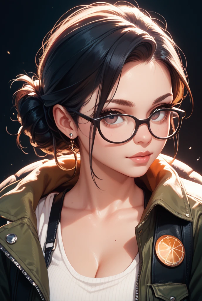 Brown and gray sniper girl wearing brown military suit,Huge breasts,ruins,Red glasses,Thick smoke all around,Cleavage,Lipstick,Ponytail hairstyle,Nipple showing,cleavage,secretary
