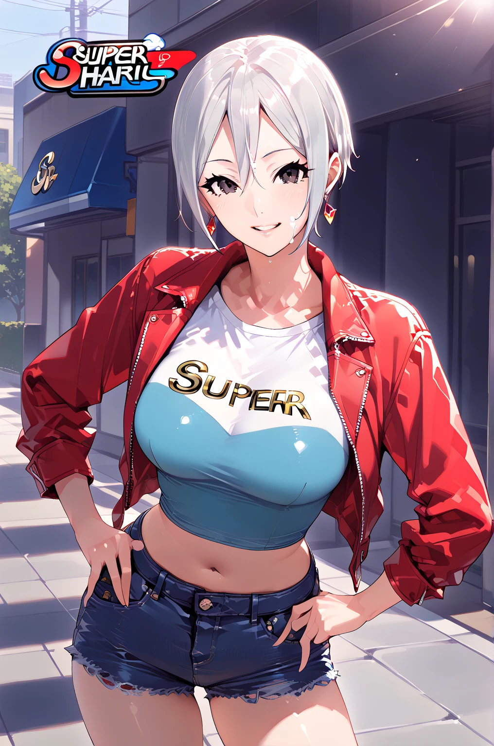 One person, One personで, short hair, Heterochromia iridis, blue eyes, blonde, Detailed body , (Detailed face:1.1), (Perfect Eyes), (Big Breasts:1.3), Thick eyelashes, Long eyelashes, (Blunt bangs:1.2), Perfect dynamic composition, (Improve:1.2), Cleavage, jewelry, Earrings, Open clothes, Tie Shirt, Tent shirt, Unbuttoned shirt, Bra Peek, lace trim bra, (leopard pattern:1.2), belt, Pleated skirt, Lace-trimmed legwear, Garter Straps, See through, (Dark Skin:1.2), hoop Earrings, Gal, Wicked Smile, Captivating smile, blush, Seductive pose, (Captivating smile:1.4), Thick lips, (Big Lips:1.2), (Big Lips: 1.2), (Lips parted:1.2), (Thick lips:1.4), street, Night sky 8k, 4K, masterpiece, Highest quality, Fantasy, Very detailed, Complex, Very detailedな, Detailed eyes, (Perfect Face), shape, Soft lighting, (Mirror reflection illumination:1.2), (Glowing Skin, Glowing Skin), View your audience,