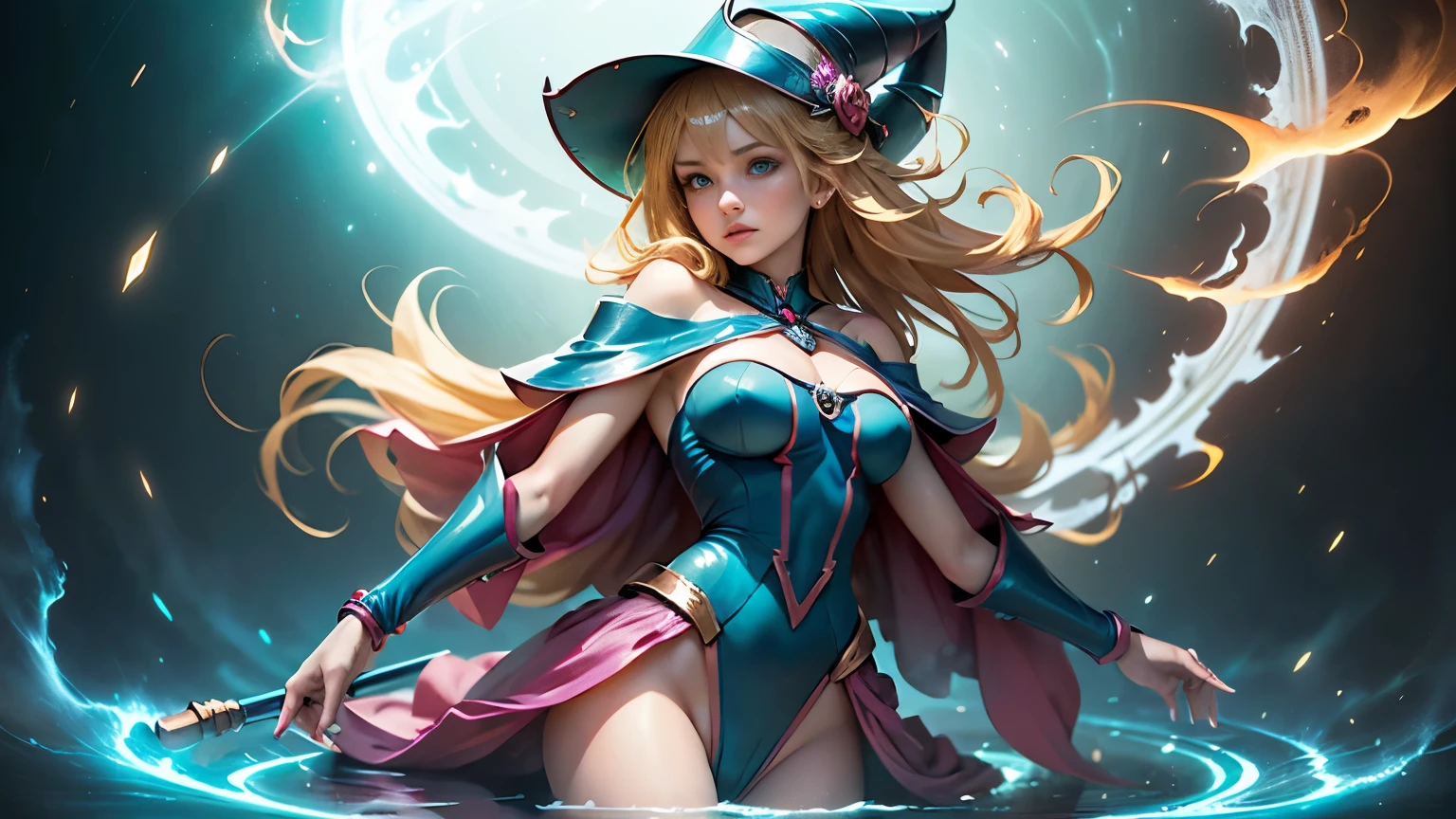 (masterpiece, best quality, detailed glossy skin: 1.2), flawless, 8k, RAW, highres,1girl, petite, medium breasts, long hair, blonde hair, (witch hat), (light smile), purple eyes, (star-shaped pupils), (underwater, algae, aquarium), looking at the viewer, solo, alice in wonderland dress short (transparent:1.4), (no panties), long socks, transparent white socks, Broom, floating, rim lights, cinematic lighting, ((splash water)), sexy, rear