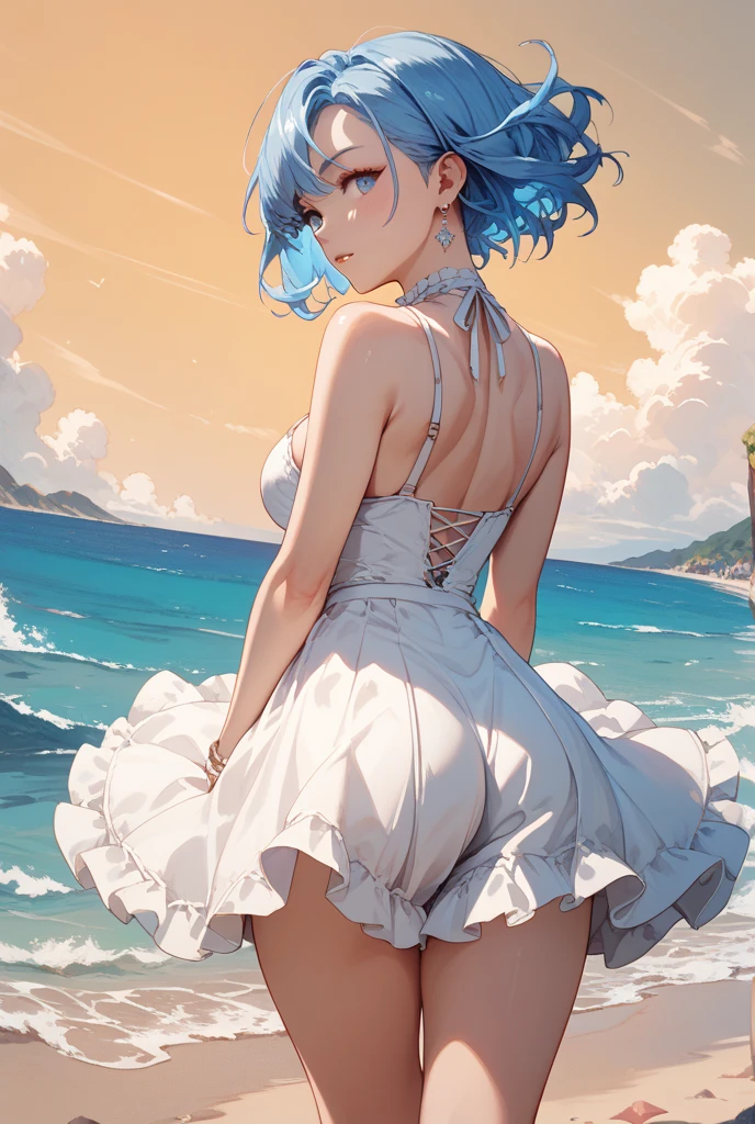 standing , raise one leg, back view,((masterpiece)), top-quality, Anime Art Wallpapers 8 K, walking on water((Toru Asakura、blue hairs、耳环、gradation hair、multi color hair、Parted bangs、Purple hair、Short_hair, summer dress, bare-legged )),, ripples, Dawn background, Saturn in the background, illustratio, concept-art, animesque, key visual, Trending pixiv Fanbox by WLOP, Greg Rutkowski, Makoto Shinkai, Mamoru Hosada, and Studio Ghibli, Scenery of Salar de Uyuni