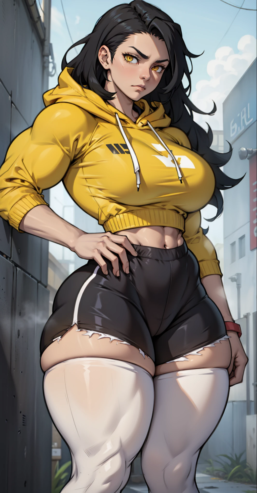 (masterpiece), best quality, expressive eyes, perfect face, vampire girl, huge girl, female muscular:1.2, big breast:1, (curvy:1.5) , (straight hair:1.8), ((blank background)), (full body framing), (thick thighs:1.4), (long legs:1.4), amazon body, toeless boots, ((pale skin)) , (red eyes), black hair, (long fangs) , long yellow dress, long sleeves, loose sleeves, covered nipples