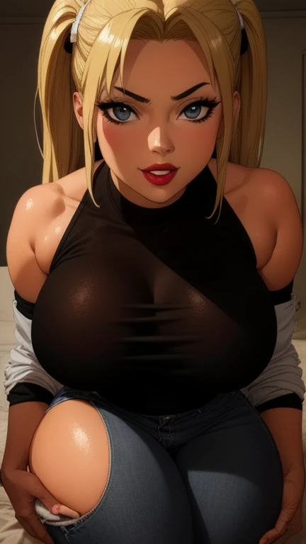 (((Solo)))、(((mature、Big Tits、naked、Erotic)))、High resolution, masterpiece, One girl, ((Slut))), Sexy Face, blue eyes, Swollen lips, Painted lips, Thick lips, Wide Hips, Thick thighs, Huge fake breasts, Shiny skin,, Flower Hair Ornaments, jewelry, Earrings, choker, See-through, Oily skin, Intimidating, From above、(bed)、Pubic hair、(Fishnet tights、Pleated skirt、Sexy panties)、(Embarrassed)、Wet Skin、Sweat、(((Light brown hair、braid one's hair、(((Tie your braided hair behind your head，Put your braided hair up)))、Gal-style makeup、Dark eyeliner、Black eyeliner、Heavy eye makeup、Eyelash length、False eyelashes、Eyelash length、Big eyes、Big black eyes、Big eyes、From above