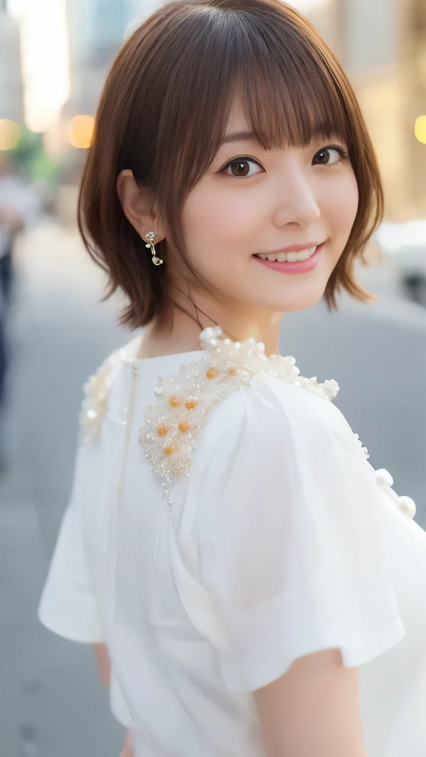 8k, 非常にdetails, (realistic, photorealistic: 1.37), Super Details, top quality, realistic, very delicate and beautiful, raw photo, (((professional lighting)), face lighting,,、summer、、Beautiful Attention to Details、,top quality,非常にdetailsな,details,high definition,In 8K,((realistic:1.4,RAW pictures,超high definition,best image quality:1.4))、Big city city、The girlfriend I'll meet up with、1、Slender body、Small Faces、gentle gaze、Clean and beautiful、 natural eye makeup ,Big breasts(Big breasts 1:1.3)、firm chest with your back to the floor、brown hair、straight bangs、SHORT BOB、embellished short sleeve pearl white blouse、smiling、、