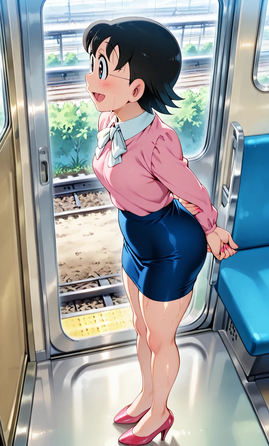 ((masterpiece)),((best quality)),ultra-detailed,illustration,Explicit,Beautiful body,Beautiful Nose,perfect eyes,perfect face,wallpaper,ultra highres,4K,photography,anime screencap,official style,shiny skin,faint lips,BREAK,nsfw,1girl,solo,Akane_tendo,Blue hair,furinkanuniform,slender,wearing white panties,BREAK,blush,disdain contemptuous,closed eyes,closed mouth,tears,cameltoe,lift skift,show panties,looking  side,(cowboy shot:1.2),focus hip,from behind,on the train