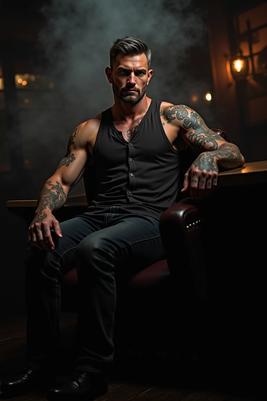 Very handsome tall blond man with green eyes, muscular body and tattoos, looking like a mafia man, sitting in an armchair