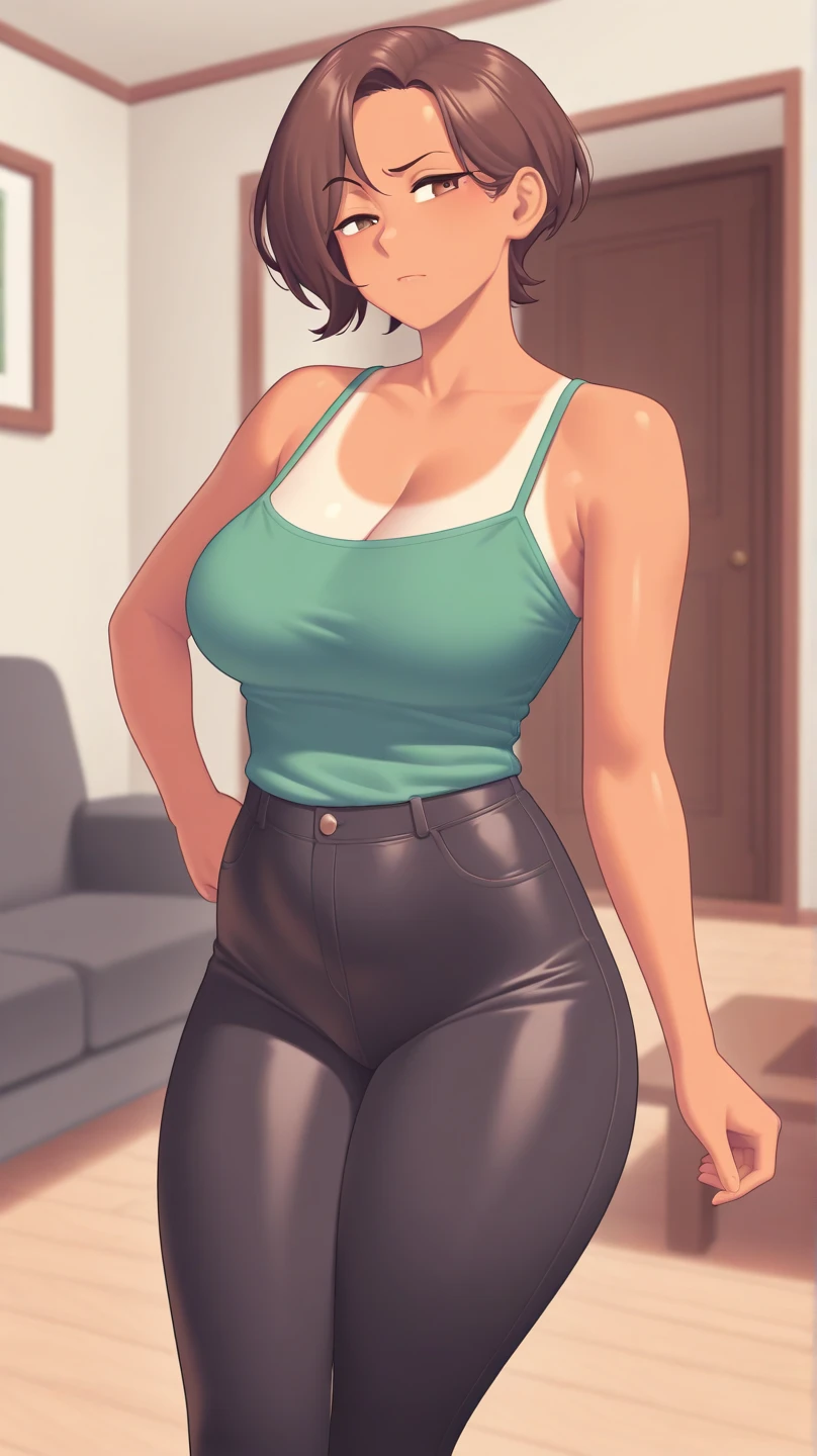 ((masterpiece, Highest_quality)), One woman、Beautiful mature woman、 (Realistic:1.4), alone, black_hair, length_hair, zettai_ryouiki, Micro Mini Skirt, ((full_body)),White panties、Are standing、Embarrassed expression、Absolute area、Over the knee socks、on the train、See-through tank top、48 years old、Fidgety、Sweat、Are standing、Perfect limbs