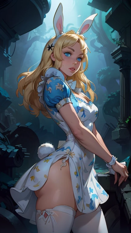 (La mejor calidad,A high resolution,Ultra - detallado,actual),((Alice Wonderland)), baby Doll transparent corto azul, medias white muslo, ((cabello largo amarillo)), ,(Fondo de ruinas de mazmorra en ruinas bosque tenebroso cyberpunk :1.4 ), More detailed 8K.motor irreal:1.4,UHD,La mejor calidad:1.4, fotorrealista:1.4, textura de la piel:1.4, obra maestra:1.8,obra-prima, mejor calidad,objeto Objeto], (detailed face features:1.3),(Las proporciones correctas),(Ojos hermosos azules:1.4 ),  (pose vaquero),( Alice Wonderland:1.4), (Alice Wonderland V2.1), (perfect anatomy :1.4),( no mutaciones), (Alice Liddell Disney:1.4), (dynamic cowboy pose), (face detailed :1.4), (mostrando panties), (cinematic lighting :1.4), (estilo encaje lingerie white :1.4),( Jenna Ortega :1.4), (Jenna Ortega V2.1) 