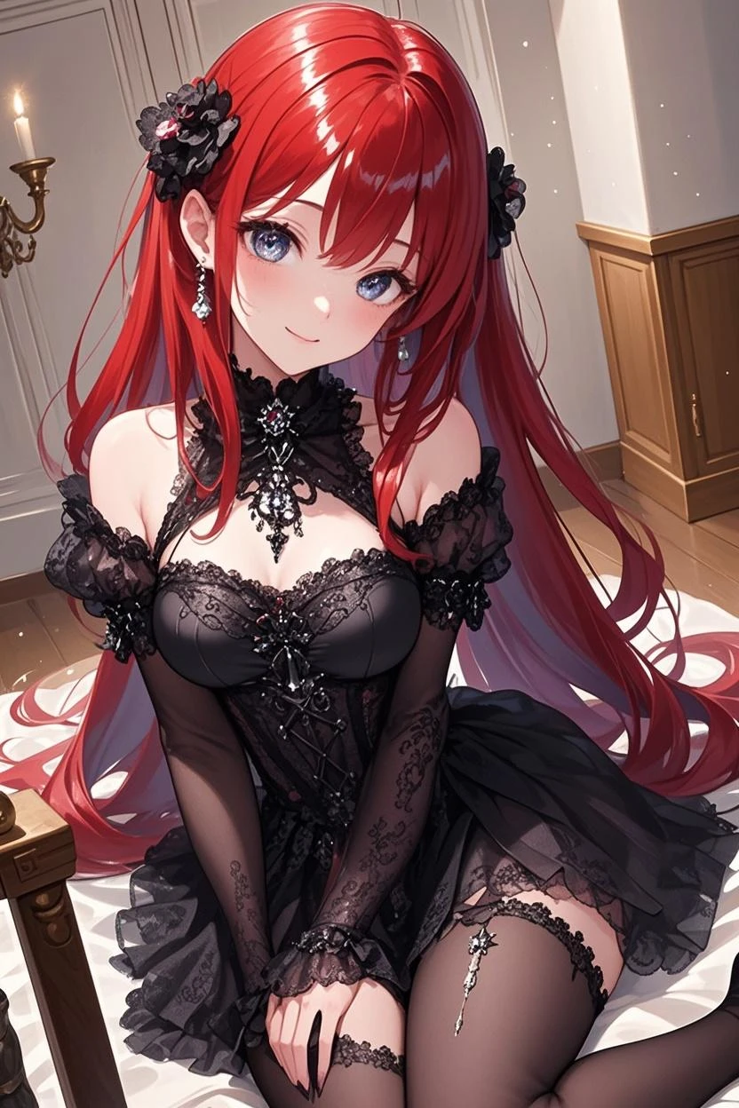 crimson hair, long hair, blue eyes, top quality, anime girl, dress babydoll, black babydoll,((see-through)), lingerie, ((frilly babydoll)), off shoulder, ((see-through)), off Thigh, ((see-through)), bedroom background,