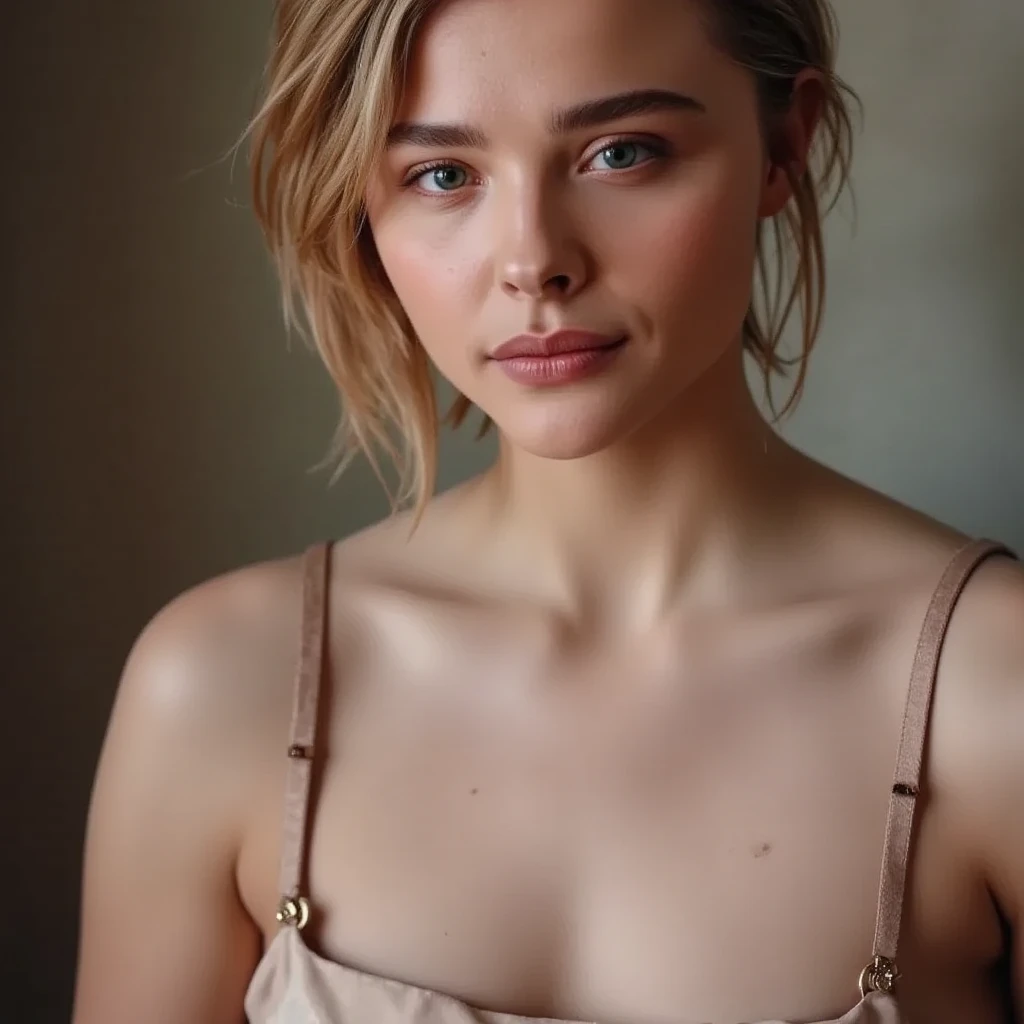 (half body portrait: 1.4), RAW uhd portrait photo of a 23-year-old white sweden girl named lucy, short blonde hair, green eyes, famine features, dslr, ultra quality, sharp focus, tack sharp, film grain, (centered), Fujifilm XT4, detailed skin pores, oiled skin, tan, intricate eye detail, casual outfit