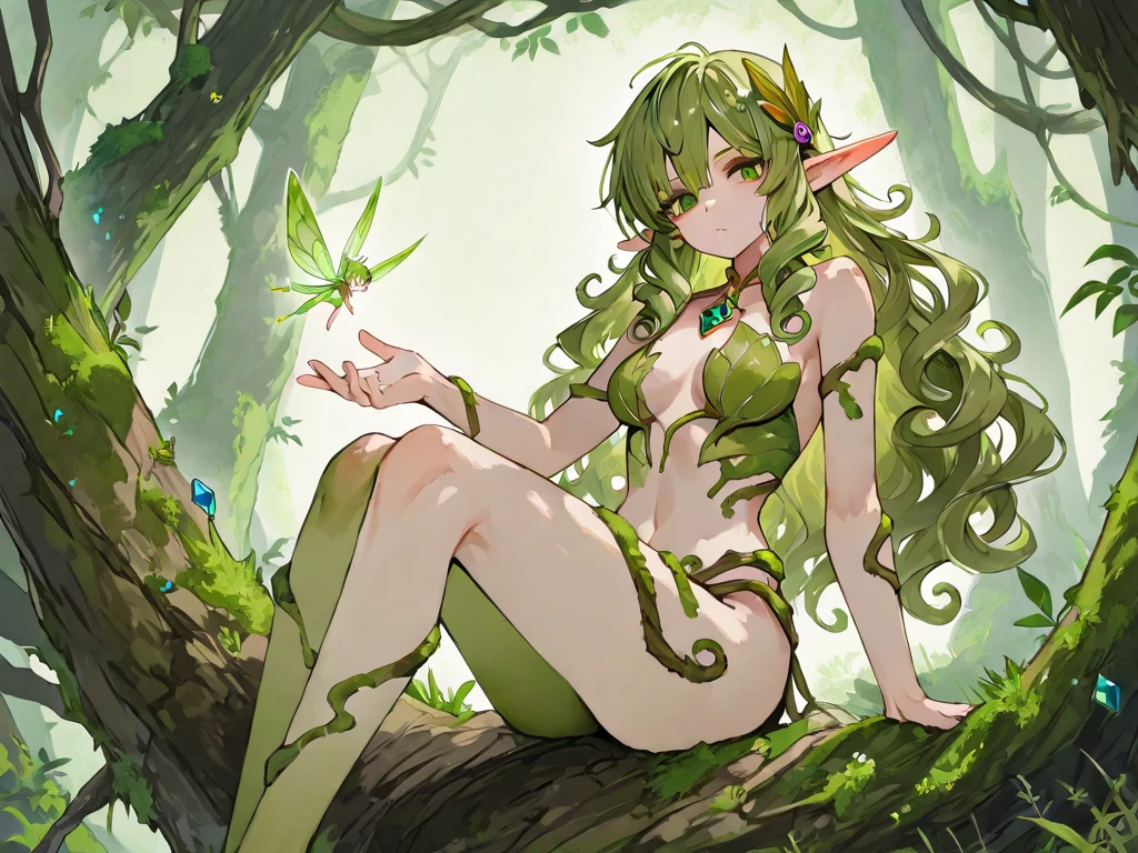 ((best quality)), ((highly detailed)), masterpiece, extremely detailed face, beautiful face, (detailed eyes, deep eyes), (1girl), (glasses), full body, <lora:hairdetailer:.8>, <lora:DryadTerrariaV2:1>, DryadT, green hair, braid, purple eyes, hair flower, vines, leaf, nude, navel, in a forest, (at a garden), midnight, night sky, stars, crescent moon