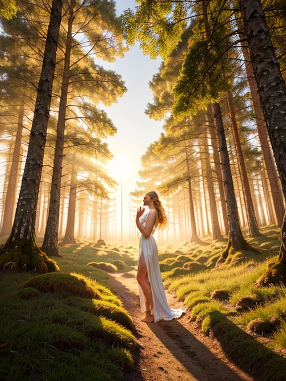 8k, photo, DSLR, candid photo, lonely girl, lost clothes, full body shot, looking away from camera, in forest, bare feet, bare skin, beautiful skin texture, blonde hair, very long plait, dirt, leaves on ground, sunset, attenuated light, light beams through leaves and mist, atmospheric, smokey.
