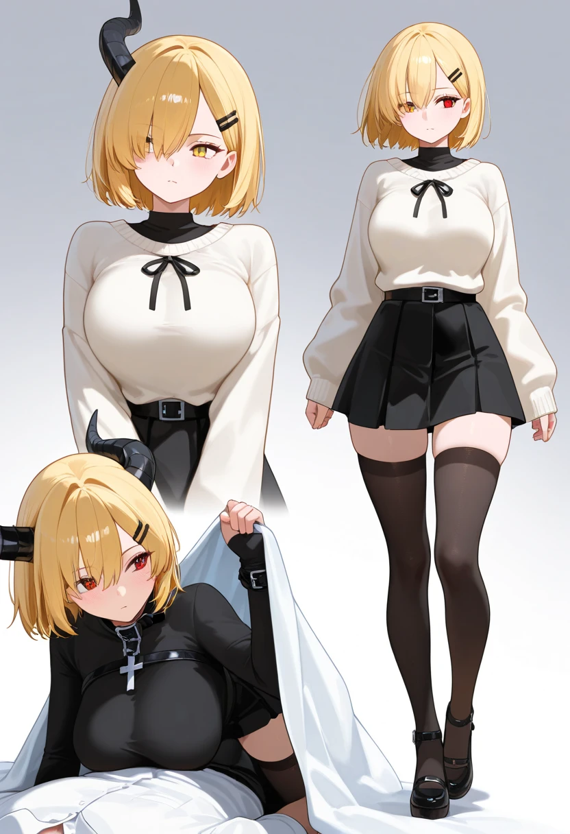 Realistic image, detailed image, 1 elf, She has red eyes, She has medium blonde hair with a red ribbon on the left side of her hair, She wears a short red blouse that exposes part of her stomach, sexy shorts. Stockings to mid-thigh, sneakers. She has big boobs, narrow waist, wide hips and thick thighs. smiling. Full body view. Arched back. white background. Uniform background. Volumetric light. Ambient light.
