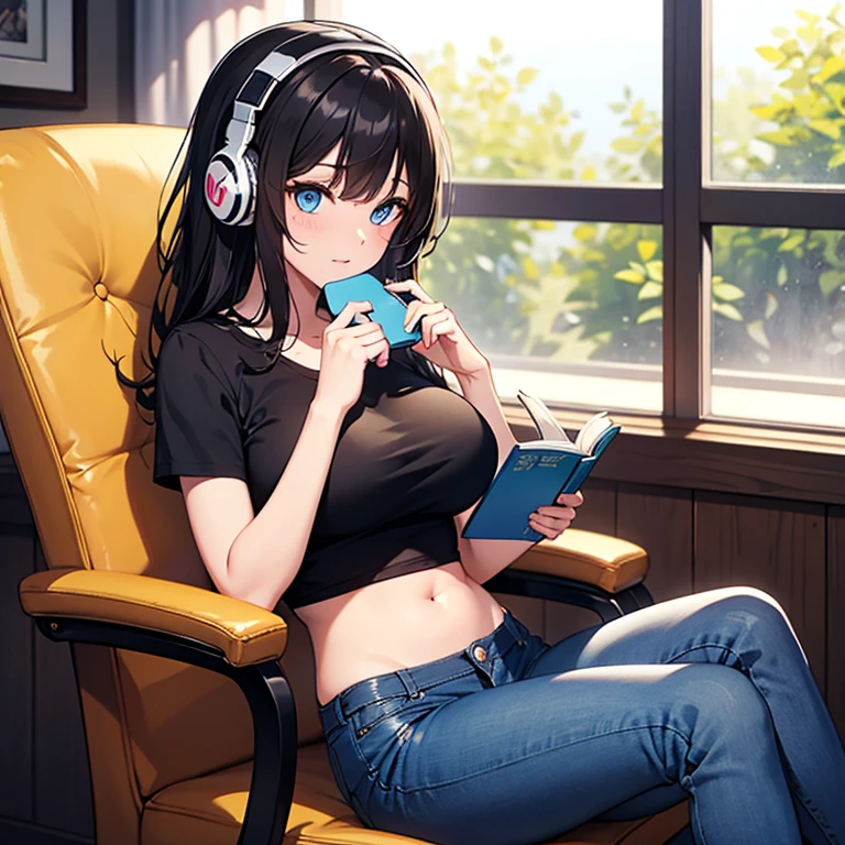 Girl with headphones enjoying music in a cafe I am studying Emphasize a little bit of the chest