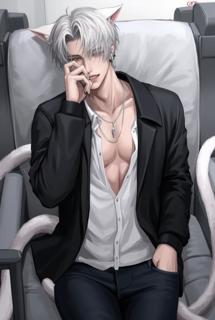 (tmasterpiece,A high resolution,ultra - detailed:1.0),(1boy,young male:1.3),Perfect male body,(Sexy adult male:1.3), Look at the camera,Delicate eyes and delicate face,Extremely detailed CG,Unity 8k wallpaper,Complicated details,solo person, Detailed face, (long gray hair, fashionable and sexy men's wear, metal necklace, Sitting on the sofa in a modern bar, modern clothes, earring), evil grin smile,show forehead,show chest,indoor, (Nightclub theme:1.3), color difference, Depth of field,dramatic shadow,Ray tracing,Best quality, sportrait