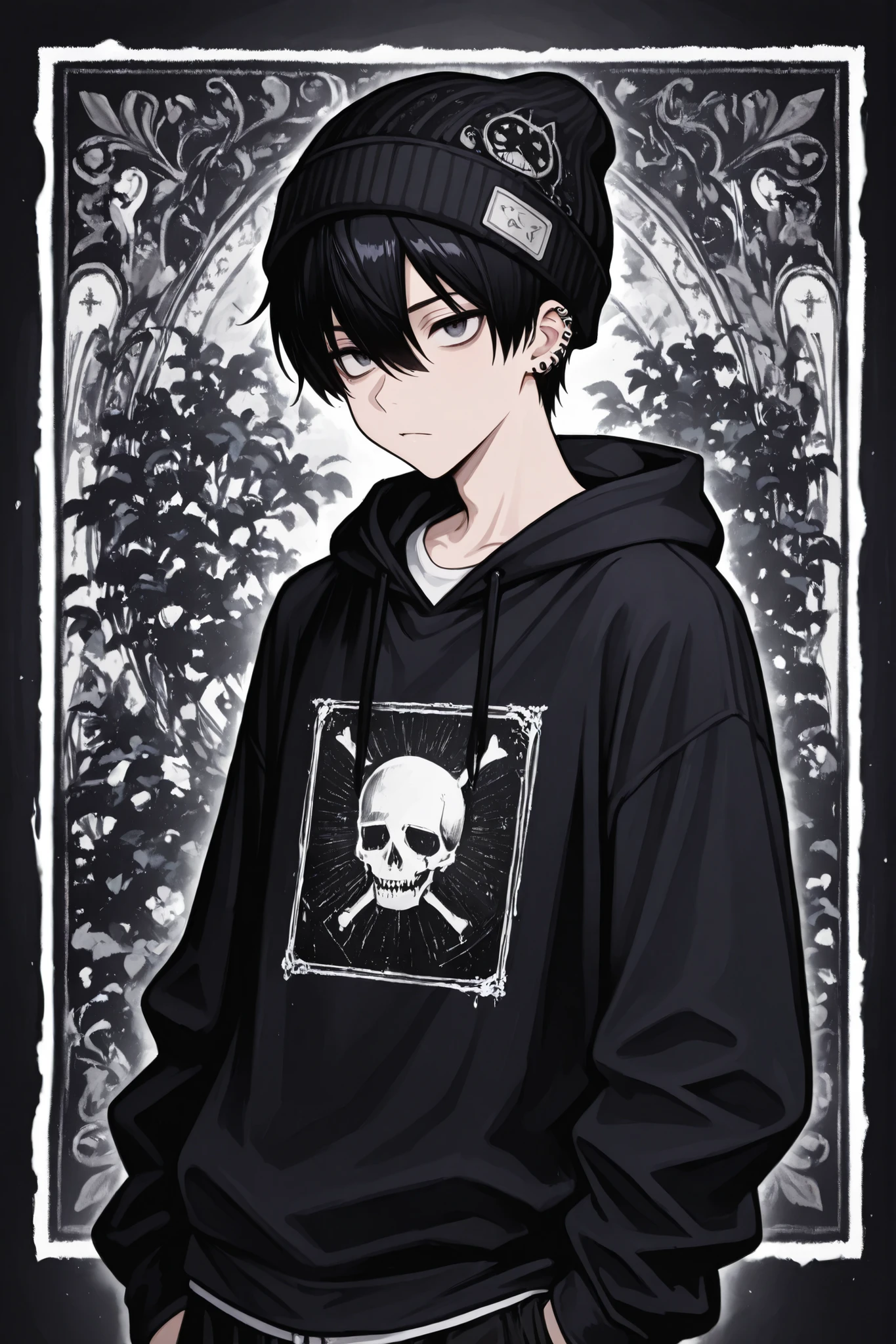 1boy, male focus, gothic male, black hair, piercings, beanie, masterpiece, best quality,absurdres , digital art style, drawn aesthetic, concept painting, ultrahigh definition,masterpiece, best quality, amazing quality, newest, very aesthetic,