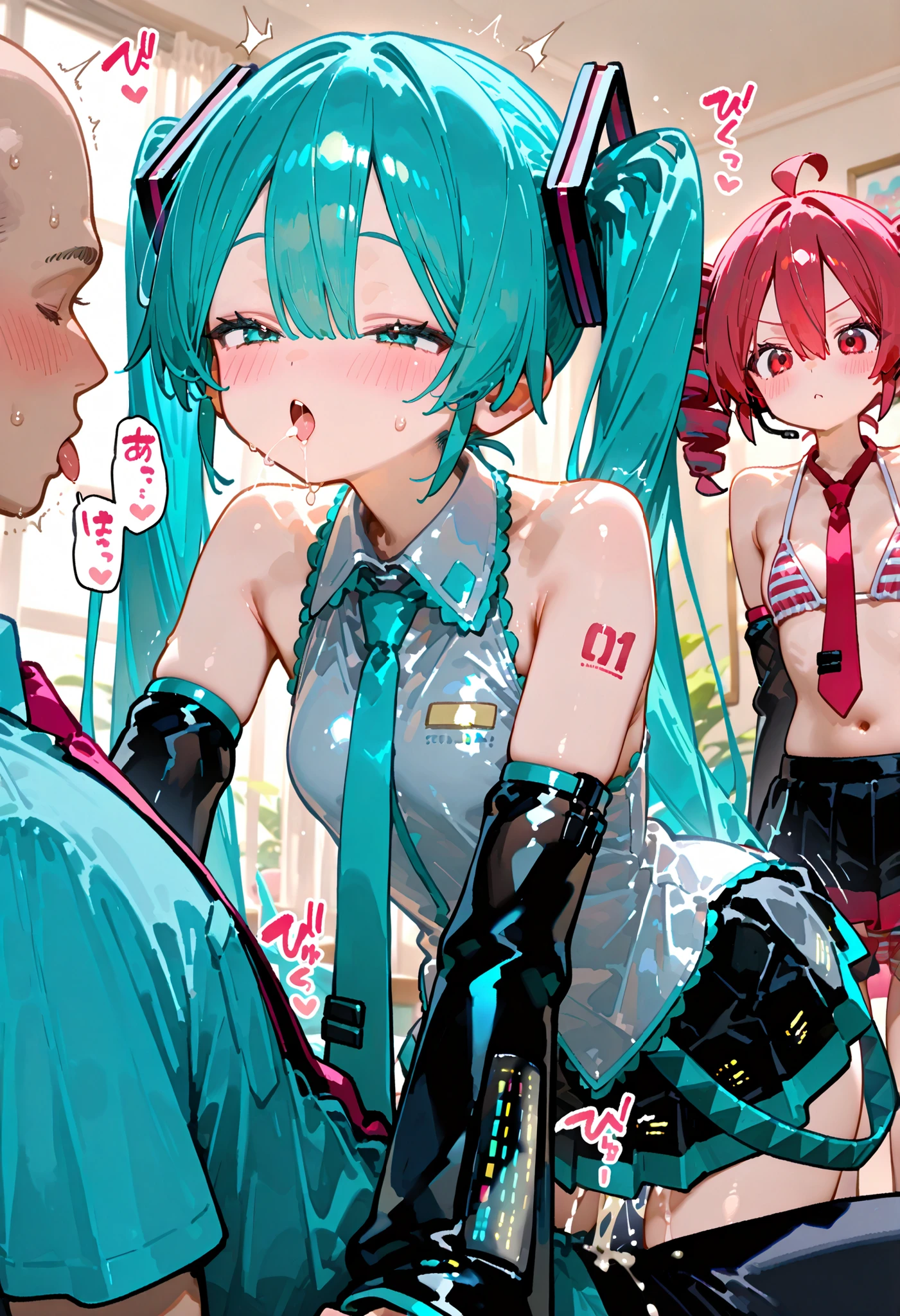 Hatsune Miku,2 girls1Boy, twintails, long hair, necktie, Removable Sleeves, shirt着衣。Skirts。Room。light blue striped bikini。estrus。Embrace。Strong sexual desire。hold。（/2 girls。 Teto Kasane (jitsune teto)、Red Twin Drill。red and white striped bikini、necktie, Removable Sleeves, shirt,Skirts，Stuffy Eyebrows）。bald man 。ejaculation。Sound Effects。３P。forward leaning posture