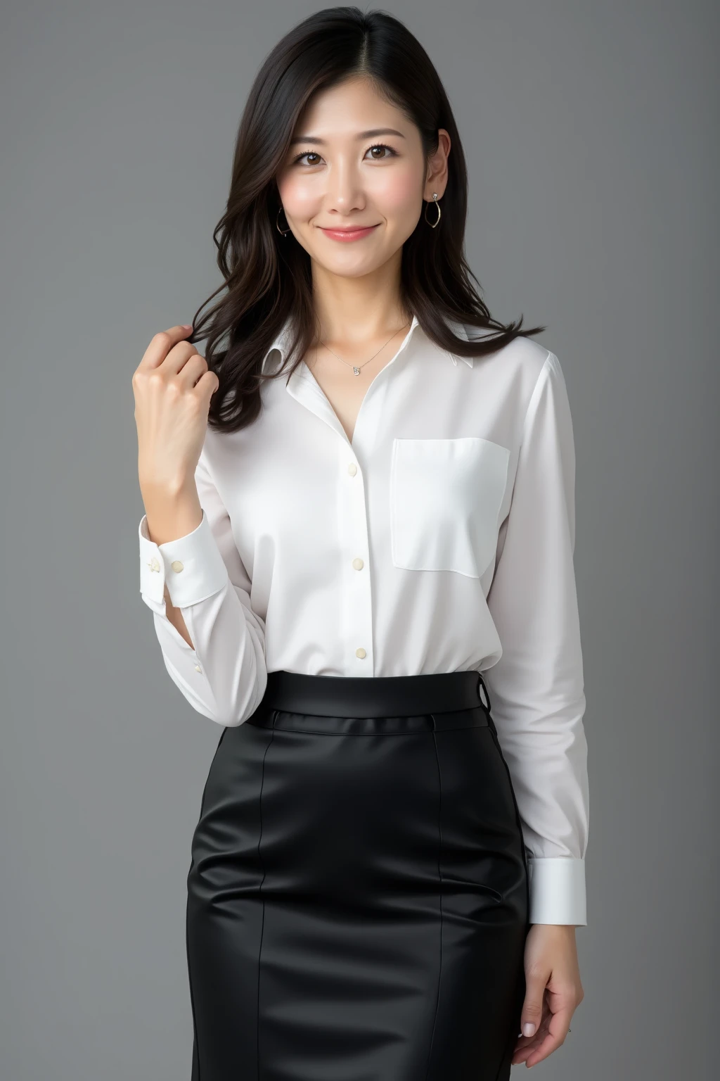 (masterpiece:1.3), (8K, Photorealsitic, RAW Photography, Top image quality: 1.4), japanes, (1girl in), beauitful face, (lifelike face), (A dark-haired, short-hair:1.3), Beautiful hairstyle, realisticeyes, Eyes in Beautiful Details, (real looking skin), Beautiful skins, enticing, 超A high resolution, A hyper-realistic, High Detail, the golden ratio, (Detal Face:1.2), see the beholder,a smile,opened white shirt,middlebreast,is standing,put hands on the hip, Wearing a uniform, Open legs, Wearing a diamond necklace