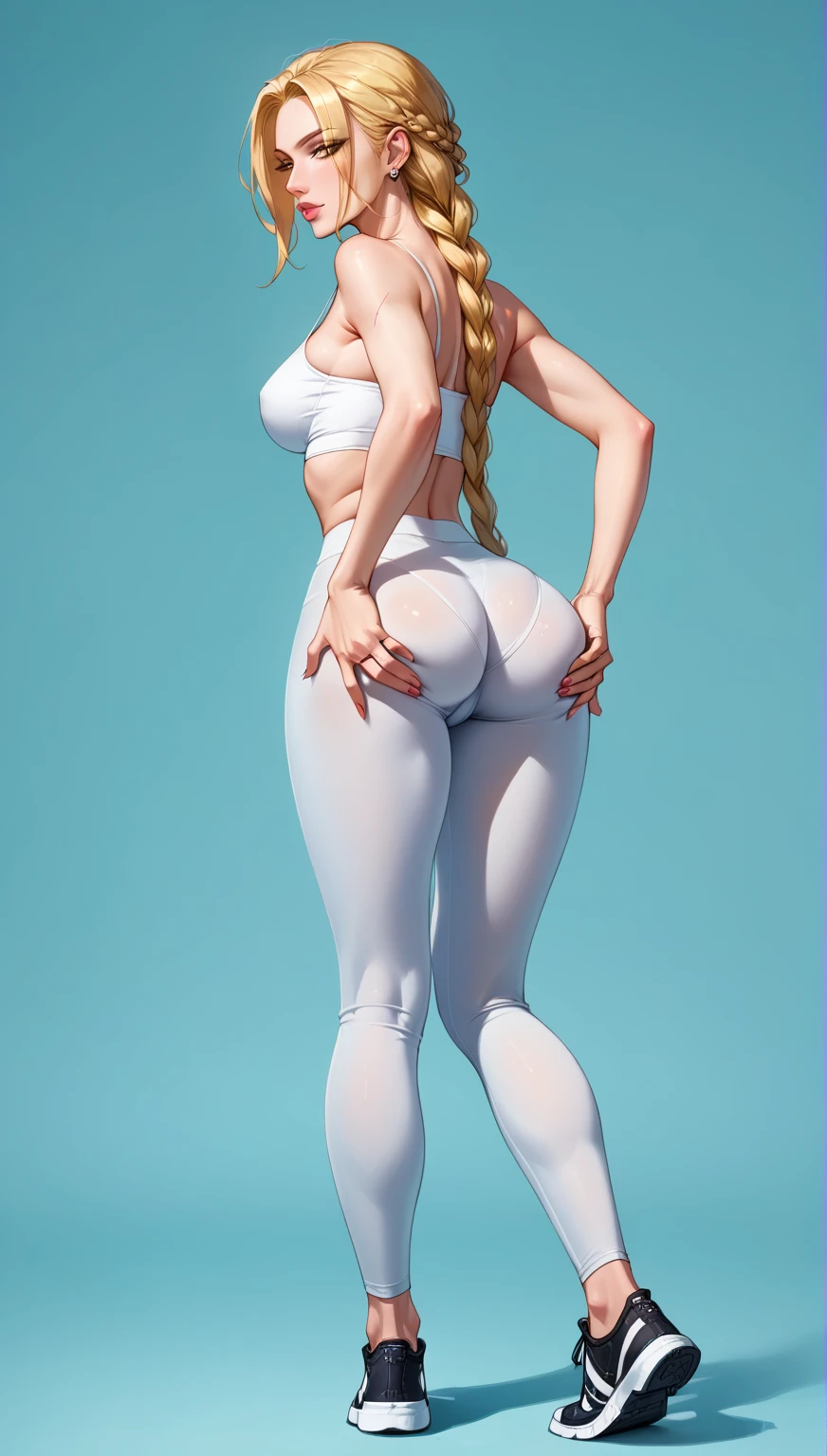 ((Best Quality)), ((masterpiece)), (detailed), 1 girl, with white leotard, long blond hair, green eyes,angel wings on the back, tanned skin, big breasts,sitting, crossed legs,((Whole body)), ((right side profile view))..
