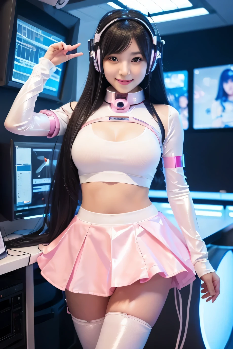 (highest quality, High resolution, masterpiece:1.2), Super detailed, realistic:1.37, (perfect anatomy),1 girl, actress, cowboy shot, Cute and beautiful Japanese girl's body,super cute face, (Modified into a cyber idol:1.2),standing posture,laughter,beautiful eyes,beautiful skin,,(Futuristic and cute white and pink tight-fitting shiny cyber idol costume and skirt:1.2), attractive idol makeup,tied black hair,cute pose,The background is the interior of the cyborg operating room and the monitor screen..