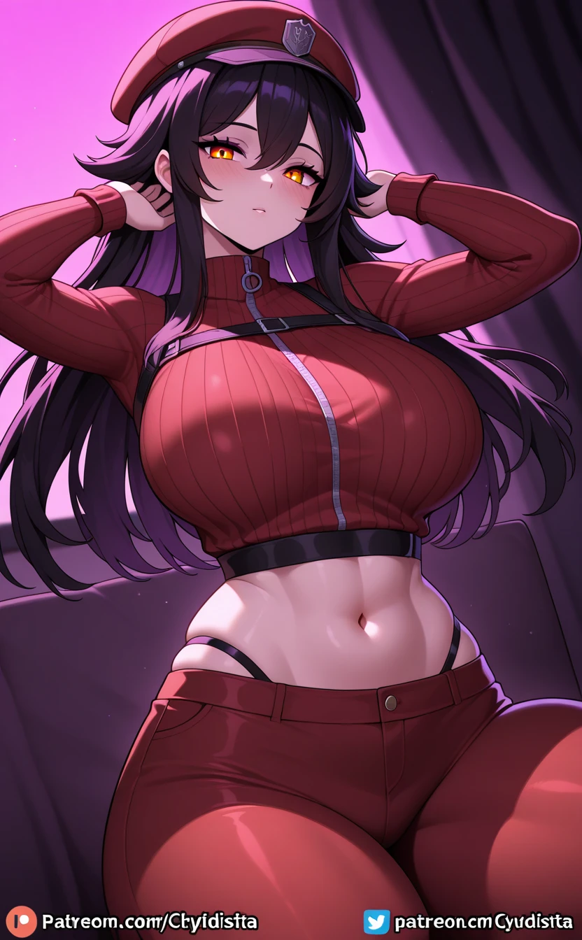 Tamaki Kotatsu from Fire Force, a beautiful girl (model-like appearance) aged 17-19. She has a slender figure with long legs and a graceful cat-like demeanor. Hairstyle two ponytails on the sides. Above the head there is a fiery halo in the form of cat ears (purple tones). She is dressed in a micro bikini and a black leather jacket. The artwork should capture her in a sensual pose. (best quality, 4k, 8k, highres, masterpiece:1.2), ultra-detailed, (realistic, photorealistic, photo-realistic:1.37), HDR, vivid colors, professional, bokeh, studio lighting Medium: Illustration Additional details: The backdrop depicts a fiery scene with smoke and flames adding intensity to the environment. The overall composition should exude a sense of power and confidence, highlighting Tamaki's beauty and strength. The artwork should emphasize the intricate details of her eyes and lips, showcasing their mesmerizing beauty. The lighting should accentuate her figure, casting soft shadows that enhance her curves and add depth to the overall image. The color palette should reflect the vibrant and fiery nature of the Fire Force series, incorporating shades of red, orange, and yellow. The art style should capture the essence of anime, combining bold linework with dynamic and energetic poses.