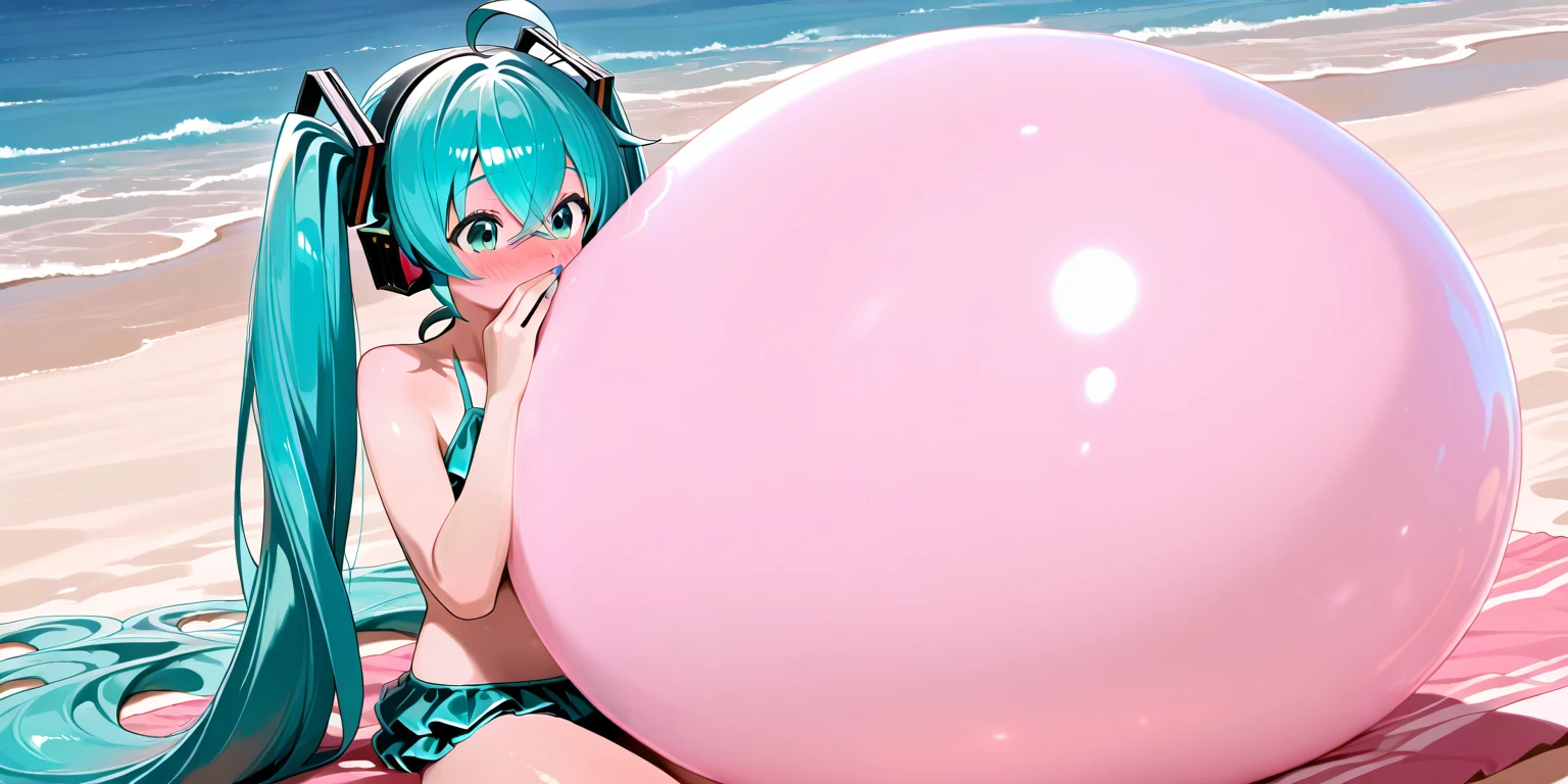 Twintails , Hatsune Miku,Big Baby Bump pregnant, bra and underwear, Big boobs, nipple, cum, Big Blue Balloons,Big pregnant Belly, Big Pregnant girl, Largest Belly of Pregnant, Huge Pregnancy, background beach,Huge 9 months Pregnancy Belly,huge belly expansion, huge belly girl