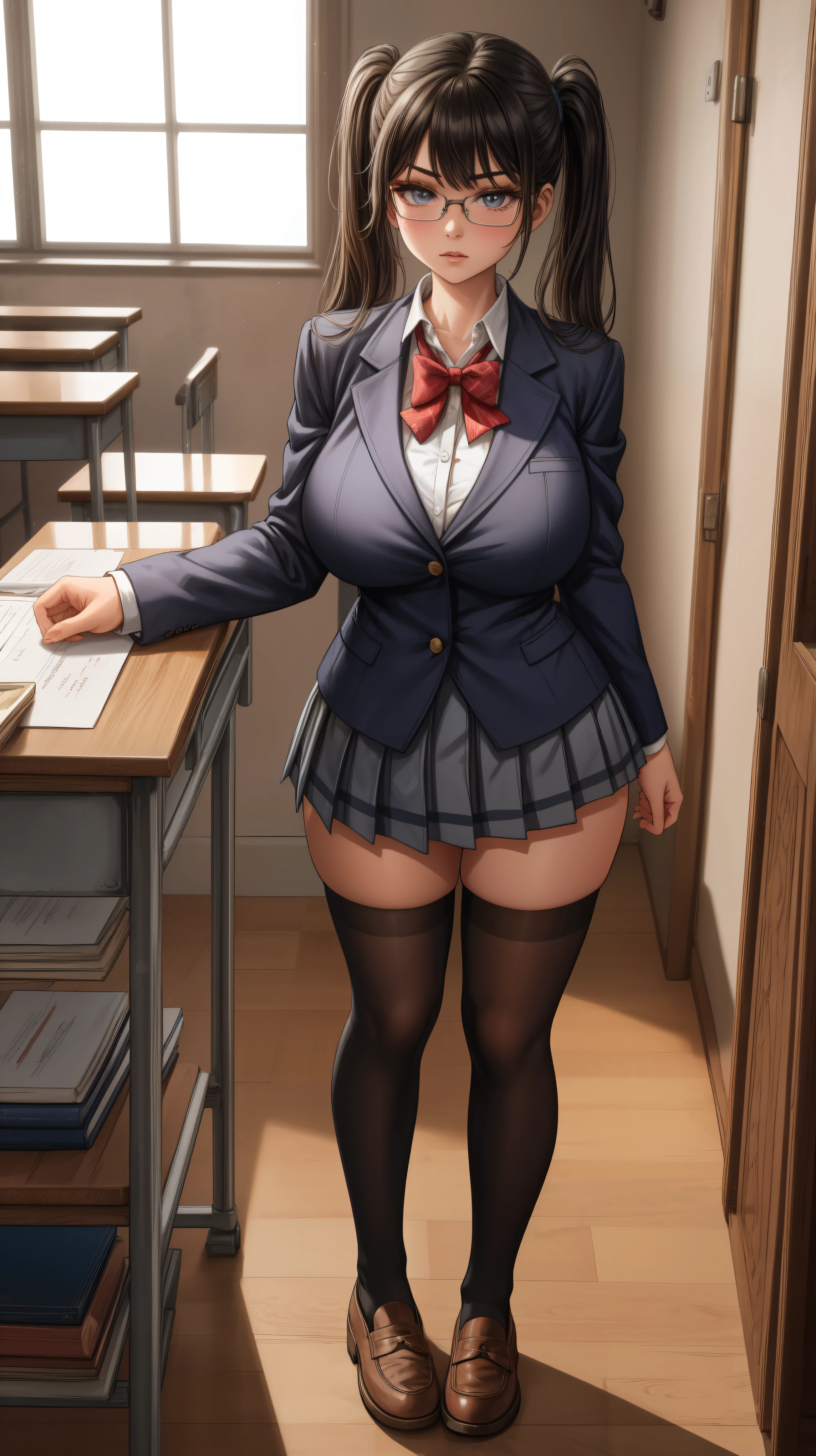 photorealistic, (hyperrealistic:1.2), beautiful, masterpiece, best quality, extremely detailed face, perfect lighting, full body, large breasts, wide hips, thick thighs, thighhighs, sitting, school uniform, classroom, crossed legs, glasses,