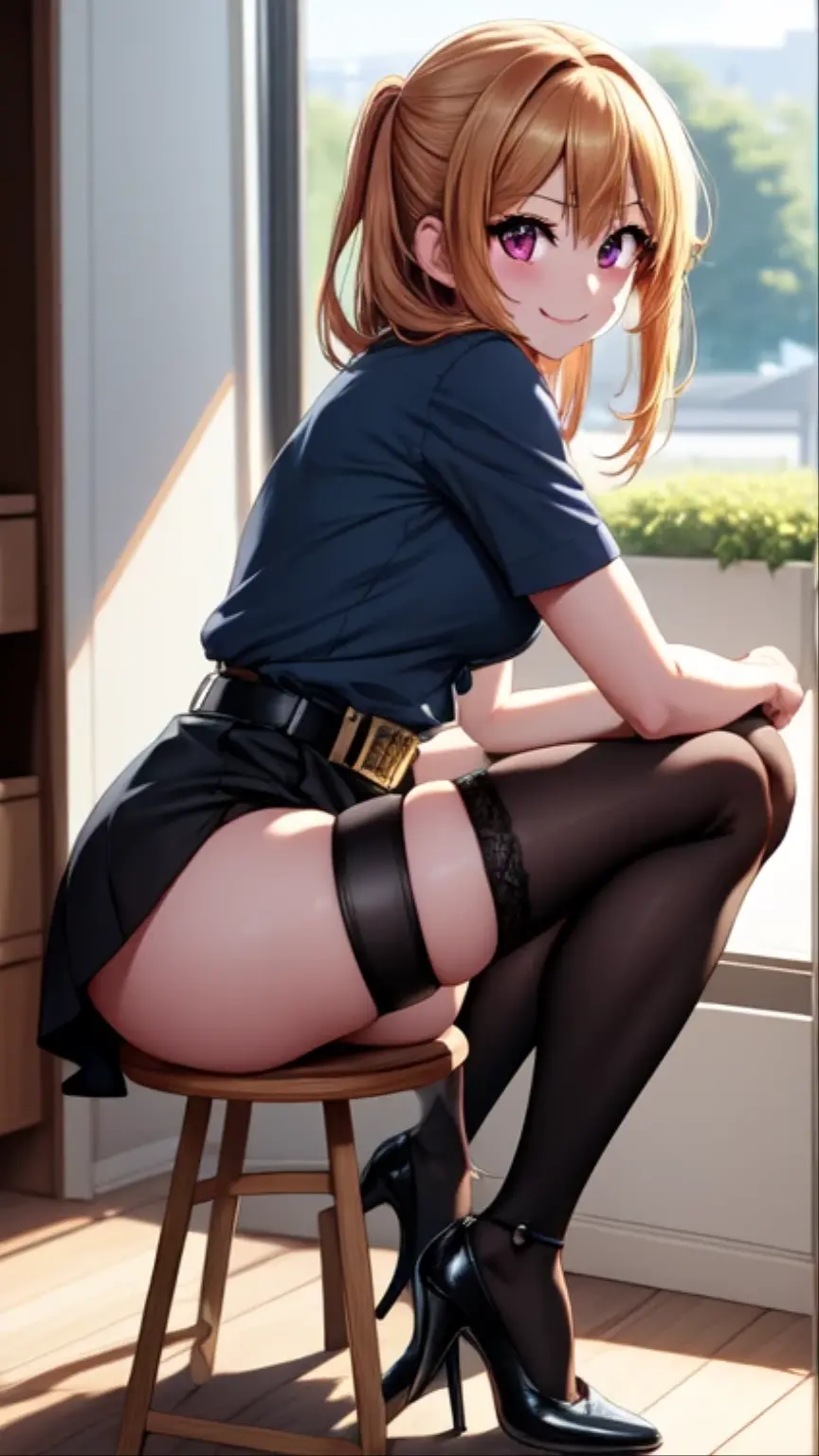 brigitte overwatch , thighs, full body, high heels, nude tits, sitting, pantyhose, wide hips, crossed legs