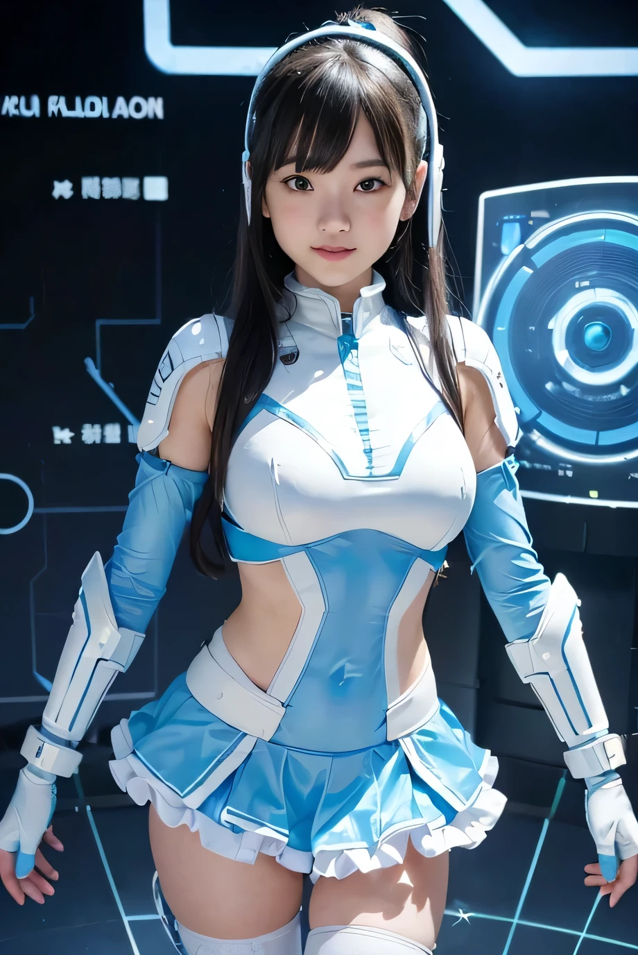 (masterpiece、top-quality、Top resolution、Distinct_image、Detailed details): (独奏、Lone Girl、Japan Faces、short-cut、Brown Girl、Full body posture、(the perfect body:1.4)、Glittering blue colored eyes、Pilot suit in white and blue colors、Tight Fit Clothing、Clothing that covers the whole body、extremely delicate and beautiful、detailed skins、Slim body、exoskeleton、Gentle smile、heroine、headset on head、Gloves up to the elbow、long boots)
