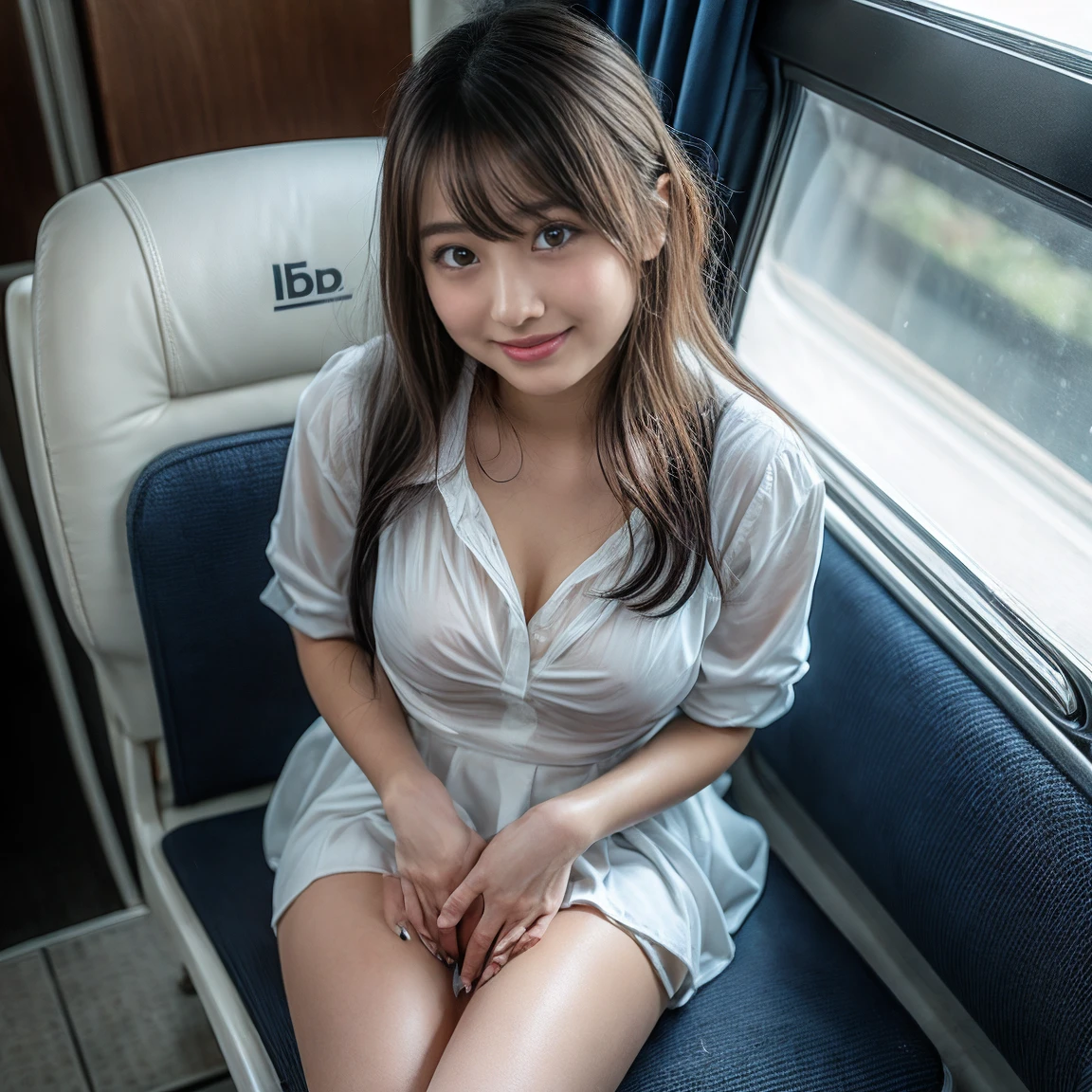 Face the front of your body at the camera:1.8, Composition looking up from below:1.8, pantie shot:1.8, Stewardess uniform:1.8, a miniskirt, white panties:1.5, Panties look bright:1.3, Dress reliably:1.8, Passengers on board:1.5, Squat with your knees bent to show off your panties:1.5, Dressing:1.8, Smiling smile:1.3, 1girl in, 独奏, 18year old, 7headed body, Ideal ratio body proportions, erectile nipple, short-hair, A dark-haired, With bangs, small tits, A slender, Small buttocks, beauty legs, Skinny Legs, surrealism, Cinematic lighting, depth of fields, One-person viewpoint, F/1.8, 135 mm, nffsw, masutepiece, ccurate, ((Anatomically correct:1.3)), Textured skin, Super Detail, high details, High quality, awardwinning, Best Quality, hight resolution, 8K