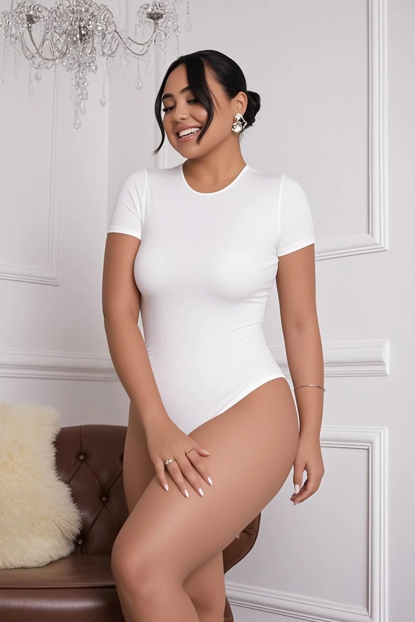 A full body American-style brunette models wearing long sleeve black Swim Summer Beach that reveal their legs and have high-cut designs, against a plain white background, with confident and poised expressions, under bright studio lighting, photorealistic, realistic, post-processing, shot with a Canon EOS-1D X Mark III, 50mm f/1.4 lens, vibrant colors,--ar 7:3 --v 6.0