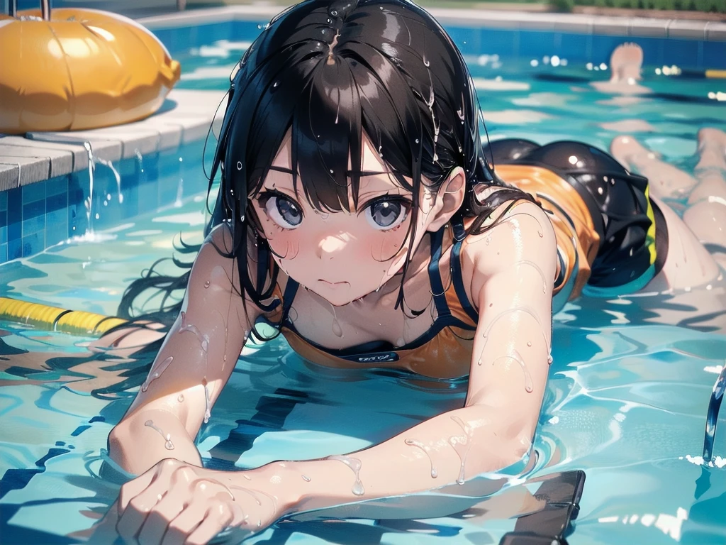 At the school pool, a woman with long black hair is wearing a school swimsuit and swimming with a floatation ring.