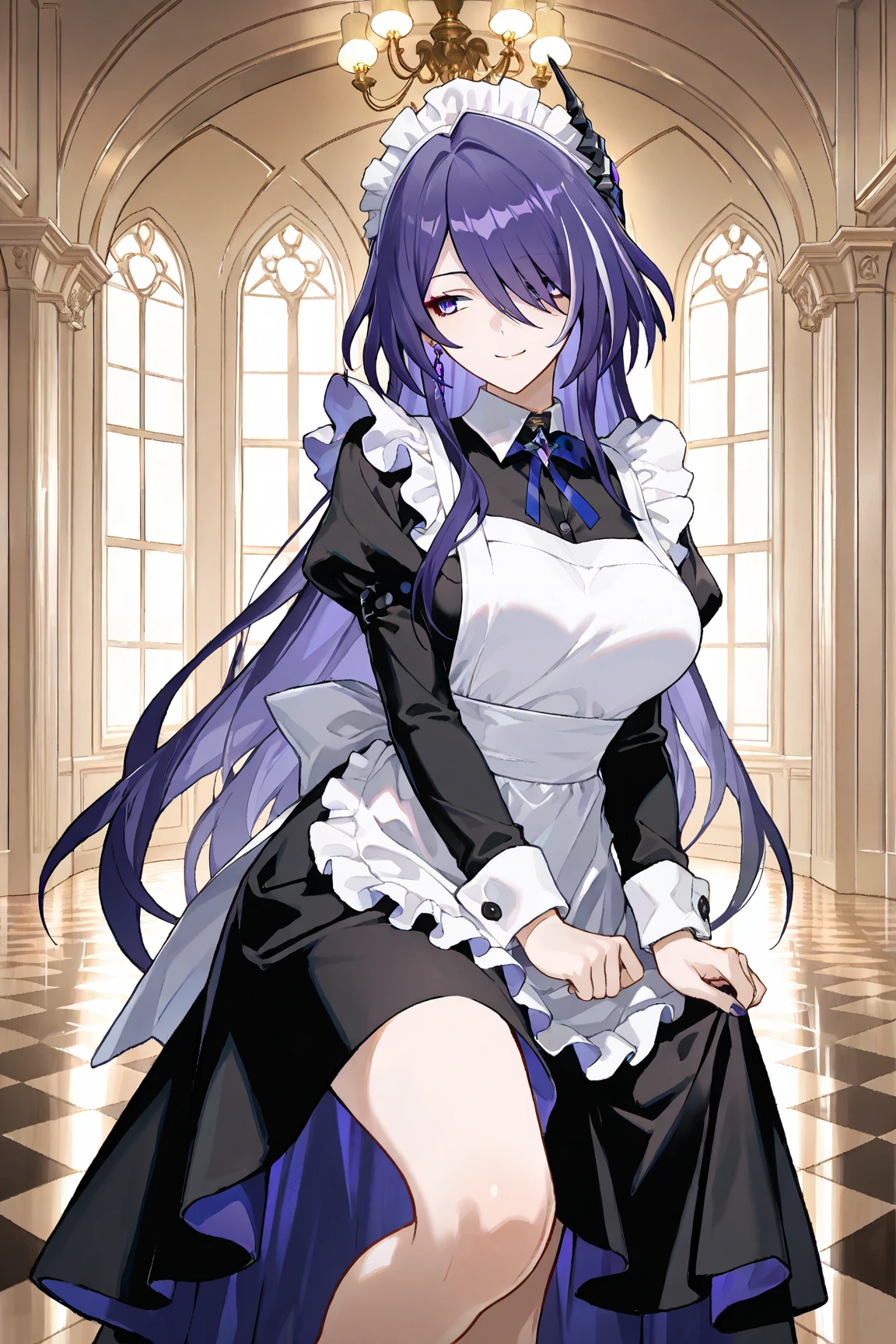 1girl, frederica bernkastel, bangs, blue bow, blue hair, blunt bangs, bow, breast hold, cat tail, dress, long hair, long sleeves, purple eyes, large crystals in background, solo, tail bow, tail ornament, tail raised, tail ribbon, expressionless, empty eyes, anime style, portrait