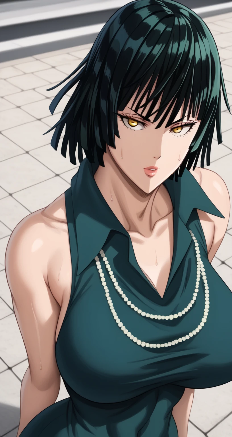 (best qualtiy,8K,32K,tmasterpiece,hyper HD:1.3),Green hair,1个Giant Breast Girl,perfect bodies,Super detailed face,Bust photo,small breasts,Black hair,purple clothes,upperbody closeup,Off-the-shoulder attire