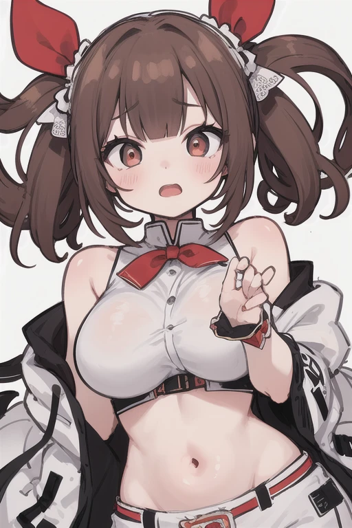 (best quality), (Super detailed), (Best Illustration), nsfw, (1woman), look at viewer, from side, (Ahegao:1.2), (show off bra:1.3), (white serafuku), (very big Breasts:1.2), {brown hair, (bob cut:1.2), curly hair, hairs between eyes}, {(detailed eyes), heart-shaped pupils, blue eyes}, blush, sweat, steam, earrings, flower hairband, (white background:1.3),