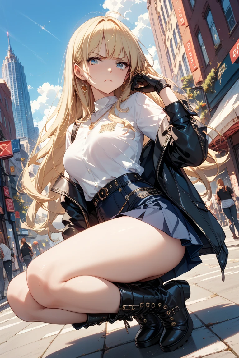 (Masterpiece, highest quality, high resolution, realistic photo, realistic looking skin:1.1),
(Woman walking downtown in city:1.5),
(Skirt billowing in the wind: 1.8),
(hand holding down her skirt: 1.8),
(Panties fully exposed: 1.8),
(blushing and embarrassed expression as she is surprised to see her skirt flipped up: 1.5),
(She is wearing a white collared shirt, which is her high , a navy blue blazer and a gray mini-skirt since she is a high school student:1.5),
(She is wearing white loose socks and black loafers: 1.5),
(panties with a white pattern: 1.5),
(Long blond hair:1.5),
(Location: mecca of the city where the wind blows:1.5),
1 Japanese girl, solo, full-bodied esbian, beautiful eyes, glowing eyes, glowing thighs, NSFW