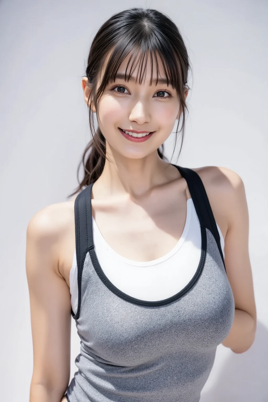 highest quality, Ultra-high resolution, (Realistic:1.4), One girl, A loose, oversized black jacket, White sports bra, (Yoga pants:1), (Light brown hair:1.2), View Viewer, smile, (Slender and beautiful girl)、(Small waist)、(Mid-chest:1.2)、Short Haircut、smile、Black Hair、Shoulder Fashion