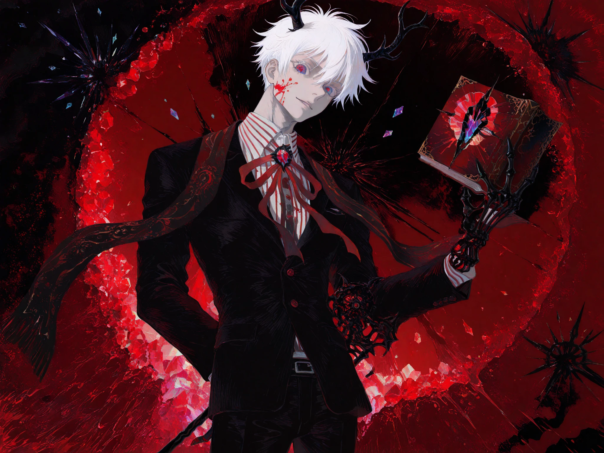 chromatic aberration, colorful, Chromora, hatching \(texture\), colorful, (flat colors, negative space:1.3), (demon boy, red pupils, black antlers, skeletal hands), 1boy, male focus, gojou satoru, white eyelashes, blue eyes, white hair, short hair, hair between eyes, sexy man, handsome, mature male, muscular, striped clothes, long sleeves, black suit, neck ribbon, stole, high collar, striped shirt, collared shirt, white shirt, black pants, solo, cowboy shot, dynamic pose, (dynamic angle), dynamic shot, from below, looking at viewer, blood on face, blood on hands, blood on clothes, arm behind back, holding book, holding weapon, holding staff, (blood, red crystal, black theme, red theme, abstract, surreal:1.3), horror theme, BREAK crystal core, crystal aesthetic, gemcore, shiny crystals, magical crystals, glowing gems, transparent shards, crystalline texture, ethereal glow, holographic fragments, iridescent, rainbow reflections, holographic colors, translucent, glass-like,