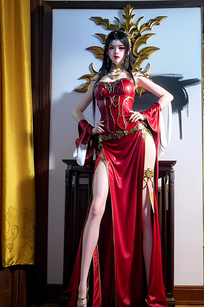 ((Extreme detail)),(Ultra-detailed), Extremely detailed Cg Unity 8K wallpaper, velvet, statues, Red hood, Crop top, star headdress, Puffy sleeves, Lips, looks away, Close-up, Turning Head, Flesh-colored pantyhose,high-heels