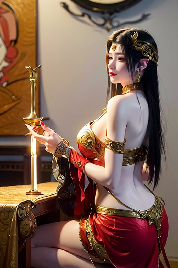(best quality,highres:1.2),ultra-detailed,realistic,portrait,high fantasy,(subject 1:sexy busty Malaysian woman(age 40),jewel hijab,bikini,) tames a devil,arcane chamber,well-lit room,vibrant colors,exquisite details,(seductively poses,confident expression,mesmerizing eyes,long wavy hair,fine jewelry,ornate tattoos,chiseled features,soft skin),golden light,elaborate spell casting,richly decorated surroundings,enchanted atmosphere,mythical creatures in the background,elaborate tapestries,handsome yet sinister devil,subdued black and red color scheme,gentle candlelight,Northern European architecture,ethereal shimmer,curved horns,dark wings,burnished scales,dangerous yet alluring presence