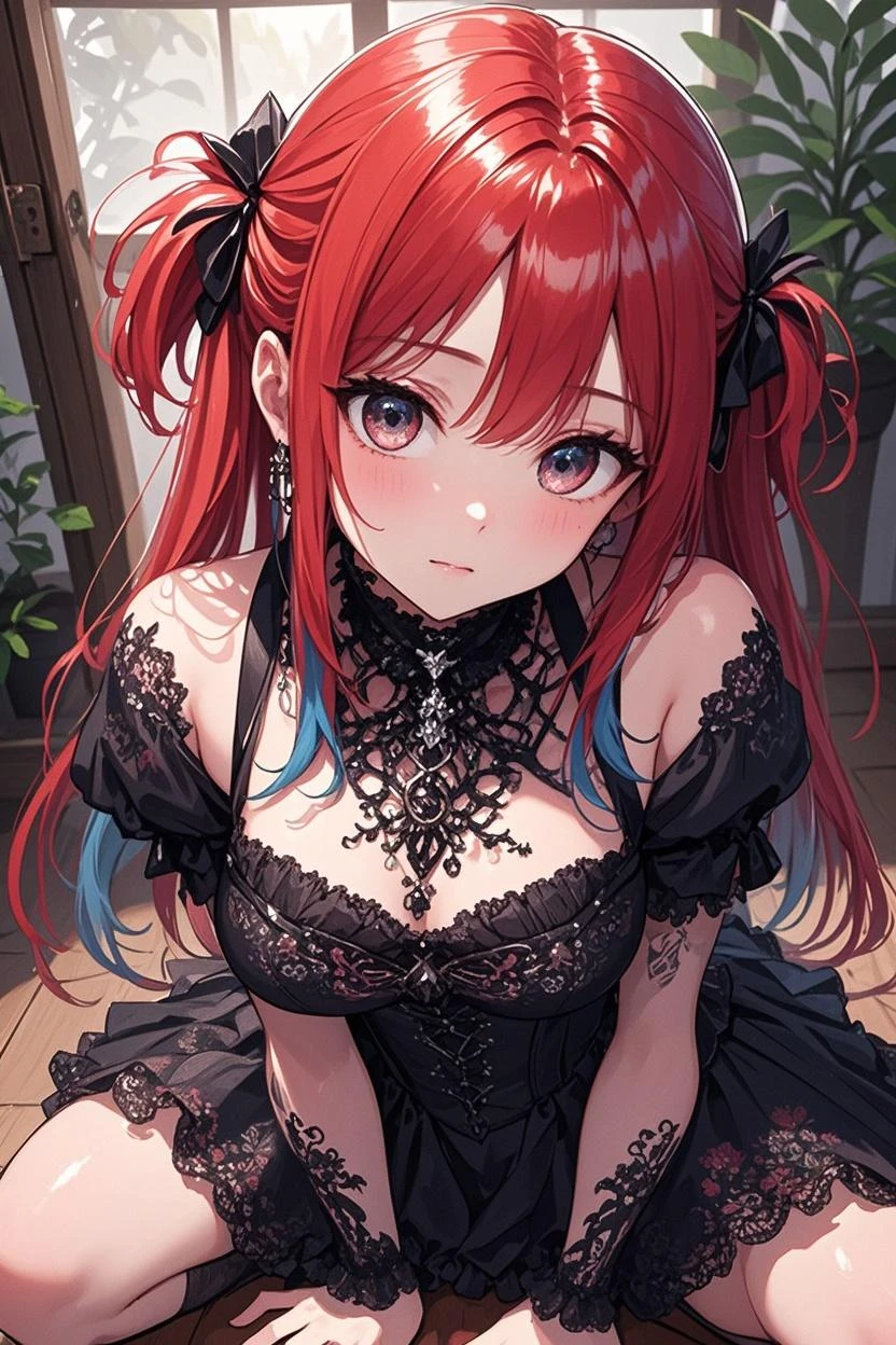 An anime girl with red hair and blue eyes wearing a skirt and a black and red bra