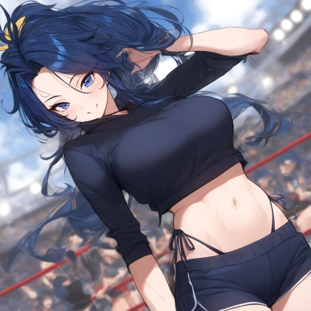 (ultra detailed body, ultra detailed face), ((solo)), anime style, hires, ((pro wrestling arena, pro wrestling match, crowd watching)), (hinata\(boruto\), (female wrestler), (slender body, broad shoulders, shaved armpit), mature woman, milf, (black bikini, ultra detailed pro wrestling gear, armbands), victorious, gorgeous, winner, confident face, closed mouth, (pale skin, shiny skin, lighting and shadow), (dark blue hair color:1.1), wavy hair, ((short hair, hime cut, floating hair), big breasts, ((warming up)), (long belly), (closed fists, head tilt), seductive, (perfect eyes, white sciera, bright eyes, white eyes, anime eyes, looking at the viewer)