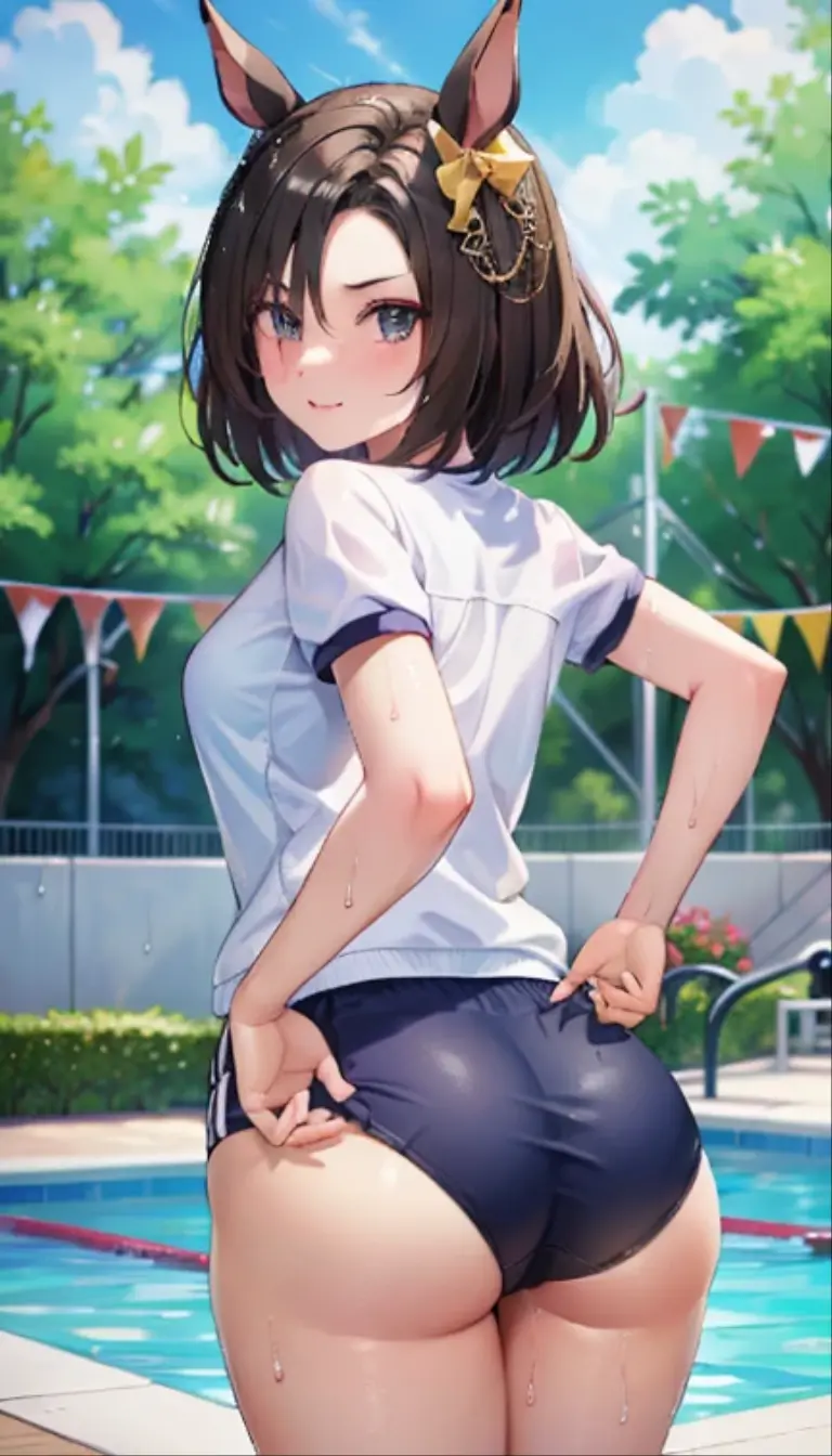 a very nice anime picture of a woman with underwear on and very sexy, watanabe you, buruma, ass, gym uniform, blue eyes, solo, censored, blue buruma, shirt, penis, outdoors, smile, white shirt, poolside, pool, open mouth, gym shirt, looking at viewer, short hair, salute