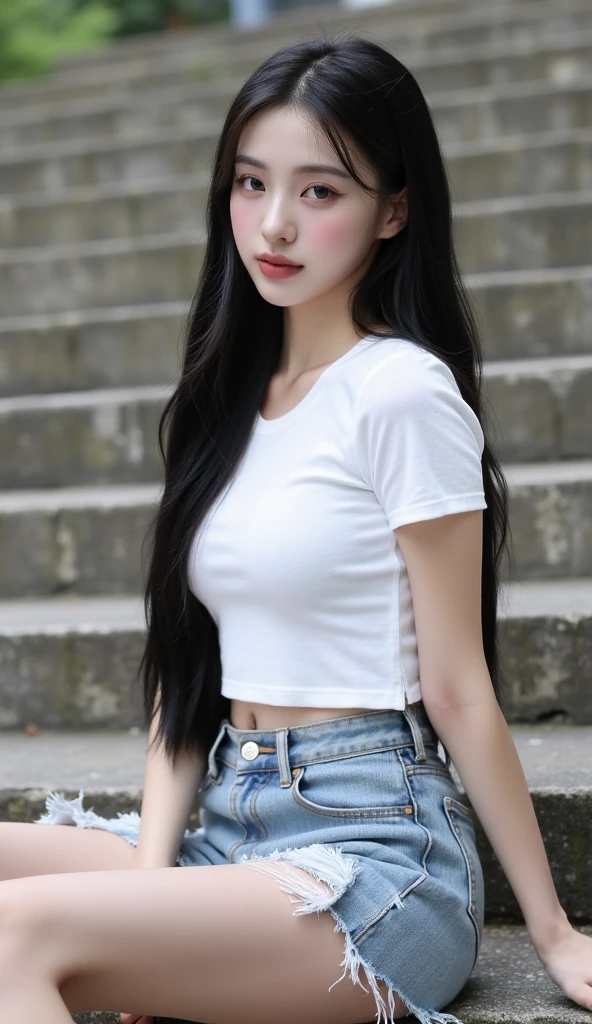 Beautiful 18 year old girl with beautiful long straight black hair wearing a brown cropped blouse and high waisted white jeans with a black cloth belt showing her oblong navel