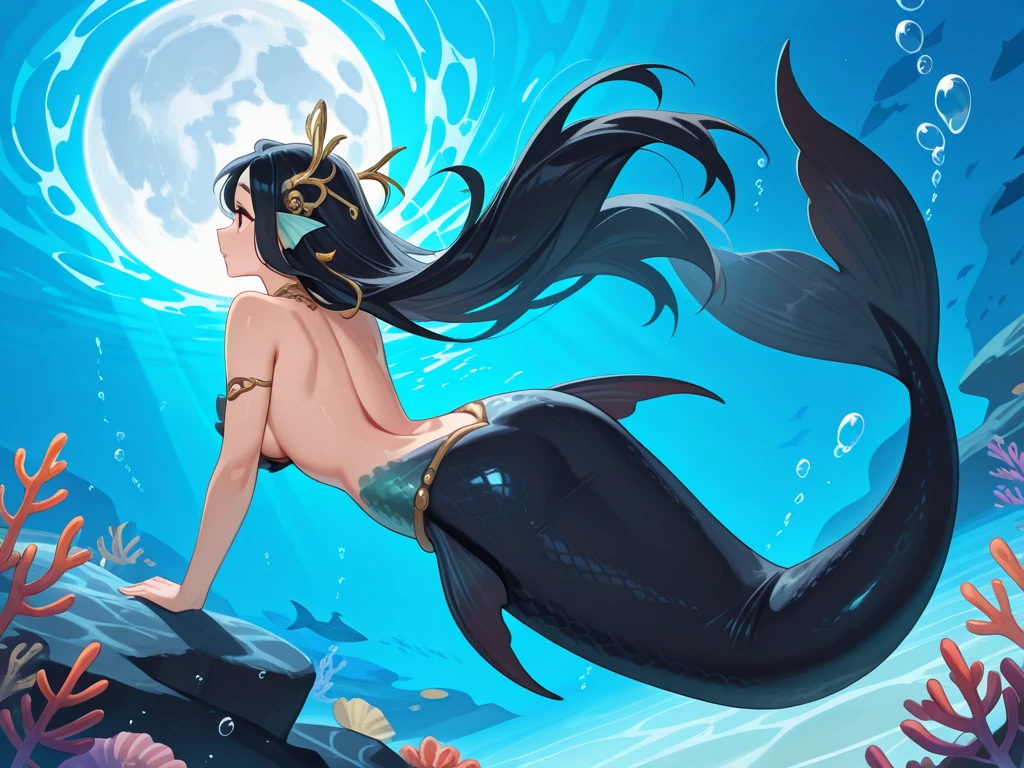 1Naked woman ,hairy vagina walking on top of the sea touching the moon,tan skin wearing red socks,taking full moon light bath! Black pubic hair, golden smilling  fishes jumping out of the water.