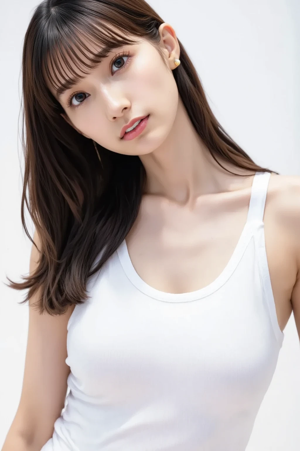 best quality, photorealistic, 8k, high res, 1girl, woman, (skindentation), (portrait:0.6), gorgeous, ((whitebackground, sport bra, small breast:1.65)), (short wavy hair, parted bangs:1.6), looking at viewer, (1girl eyes looking at viewer:1.6), photorealistic, (bokeh), (floating hair, smile:1.3), gorgeous, pureerosface_v1:1, <lora:av-rena:0.45>