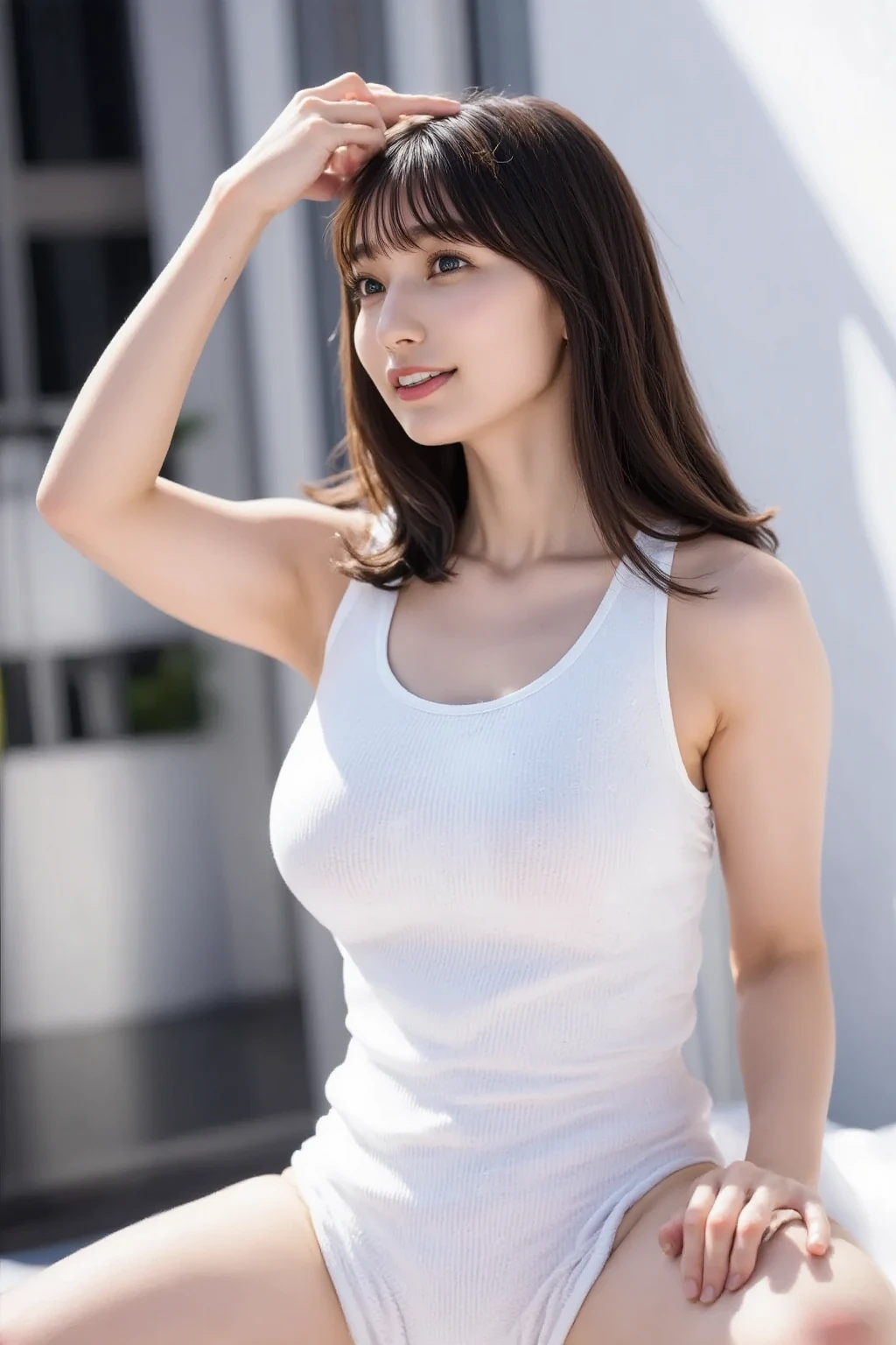 highest quality, masterpiece, ultra high resolution, (realistic:1.4), 20-year-old,1 girl,super high quality,8K,thinウエスト,thin脚,thin and beautiful arms,beautiful fingers,sale eye makeup,my nipples are erect,thin,Medium chest,soft chest,(((shortTshirt and pants only))),The shirt is so short that you can see the underline of your breasts,((straight hair to shoulders)),((Bangs short hair)),realistic,picture media chest)),((toothy smile)),((big smile))